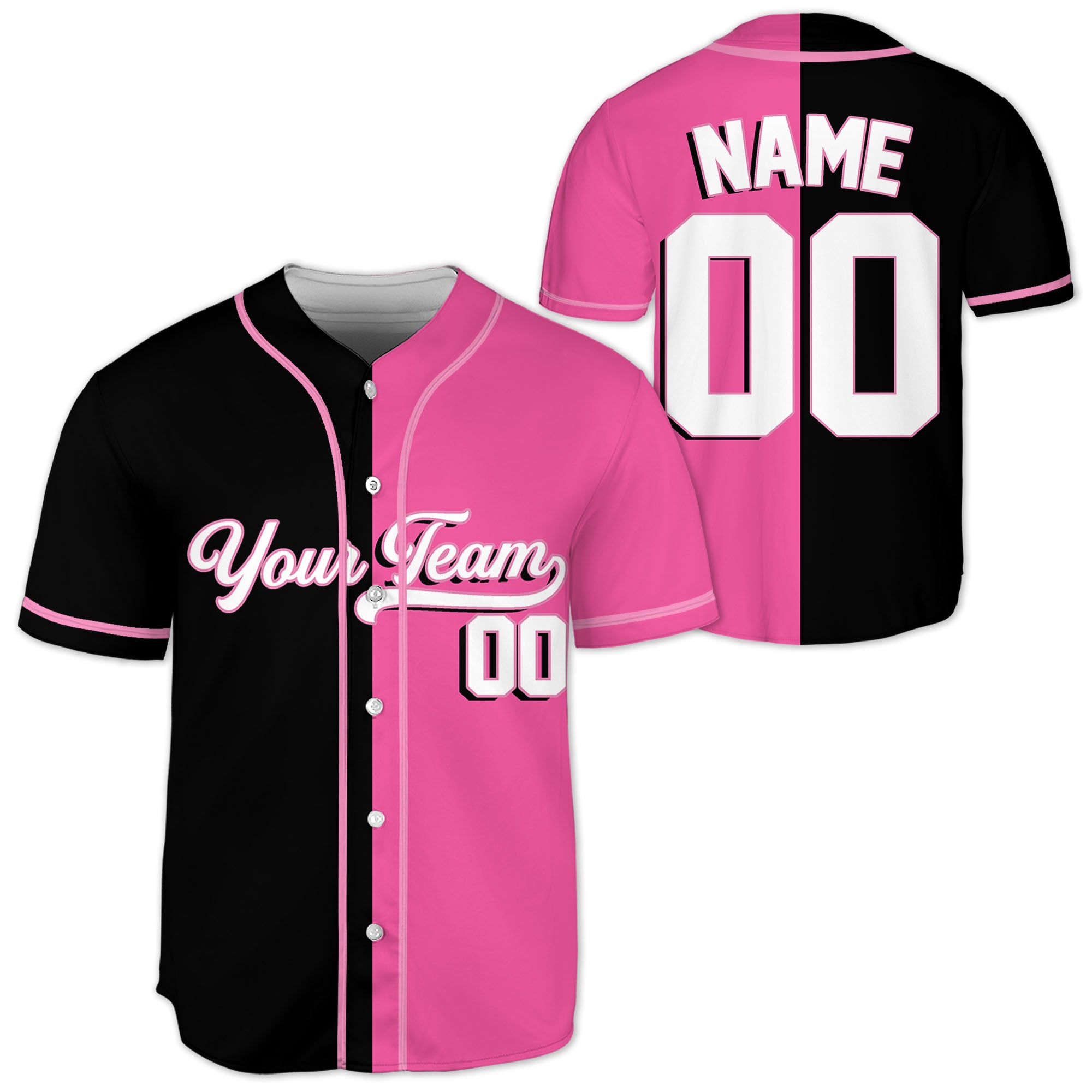 Personalized-Team-Name-And-Number-Baseball-Jersey-Custom-Design-Pink-Color-Collection-Pink-Black-Half-And-Half