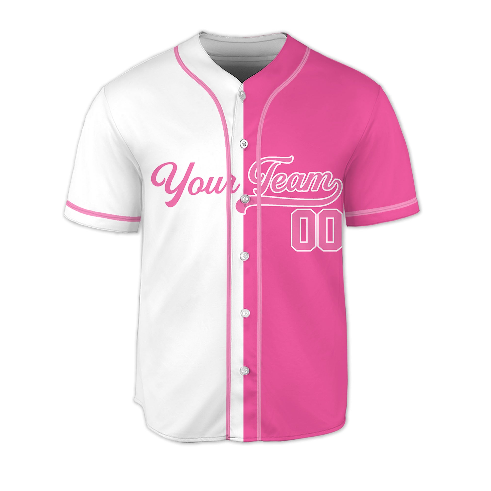 Personalized-Team-Name-And-Number-Baseball-Jersey-Custom-Design-Pink-Color-Collection-Pink-White-Half-And-Half