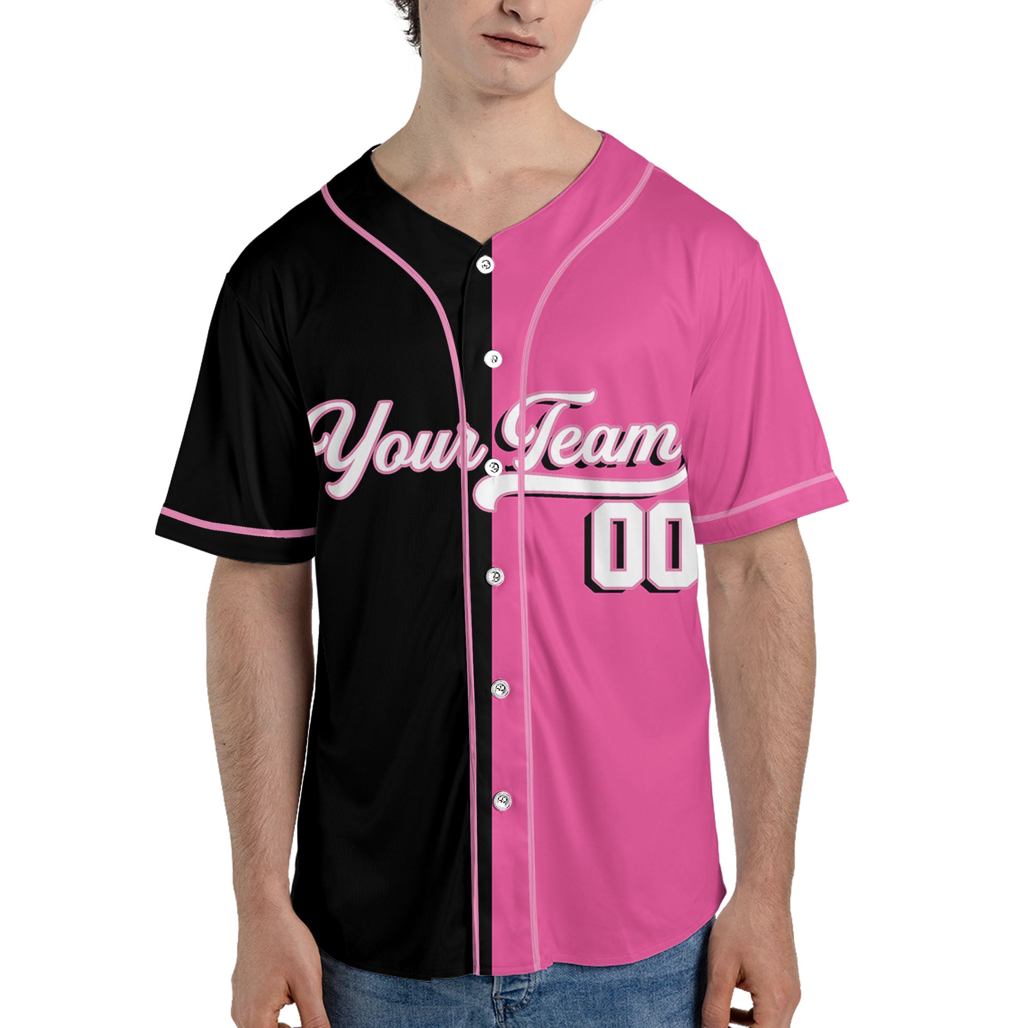 Personalized-Team-Name-And-Number-Baseball-Jersey-Custom-Design-Pink-Color-Collection-Pink-Black-Half-And-Half