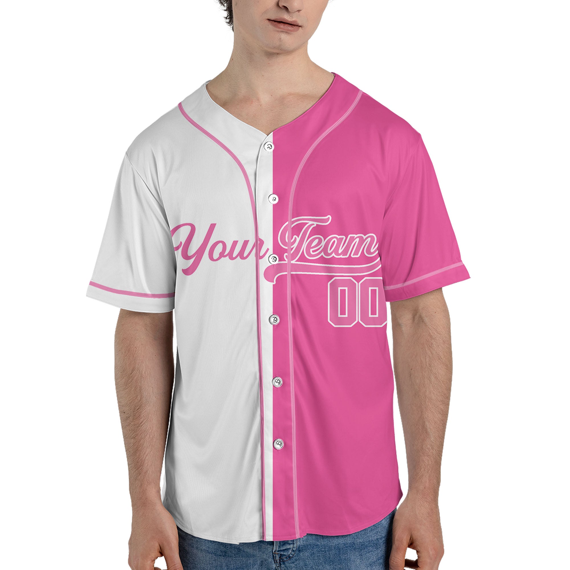 Personalized-Team-Name-And-Number-Baseball-Jersey-Custom-Design-Pink-Color-Collection-Pink-White-Half-And-Half