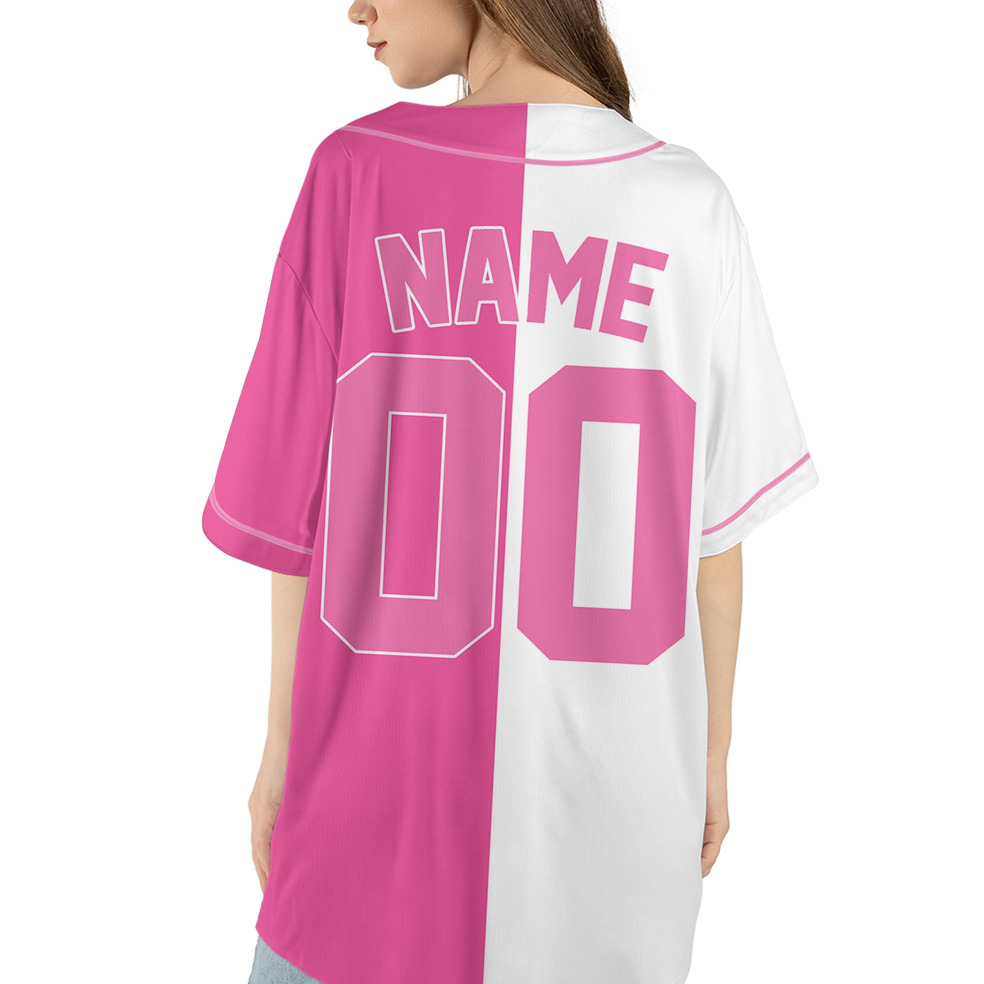 Personalized-Team-Name-And-Number-Baseball-Jersey-Custom-Design-Pink-Color-Collection-Pink-White-Half-And-Half