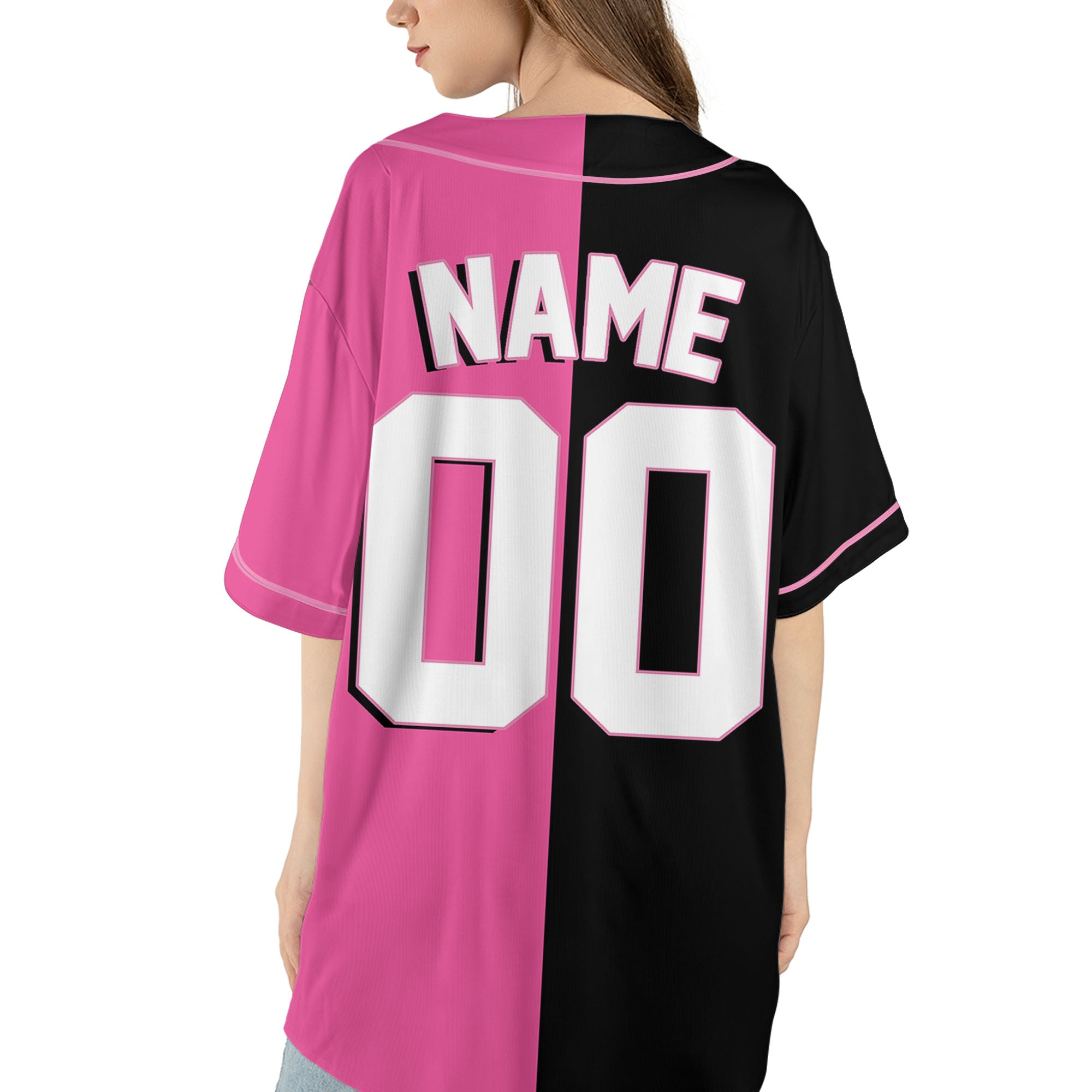 Personalized-Team-Name-And-Number-Baseball-Jersey-Custom-Design-Pink-Color-Collection-Pink-Black-Half-And-Half