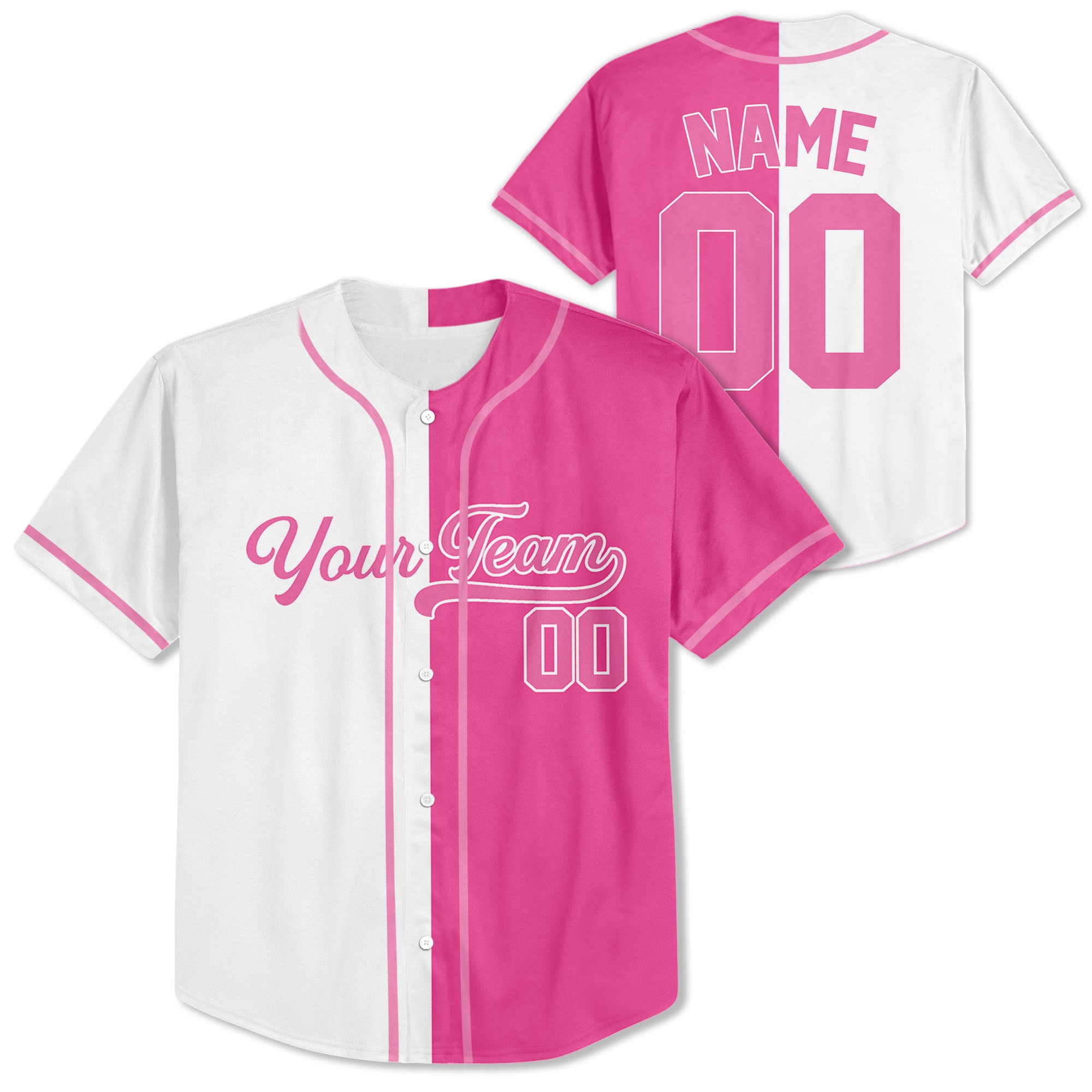Personalized-Team-Name-And-Number-Baseball-Jersey-Custom-Design-Pink-Color-Collection-Pink-White-Half-And-Half