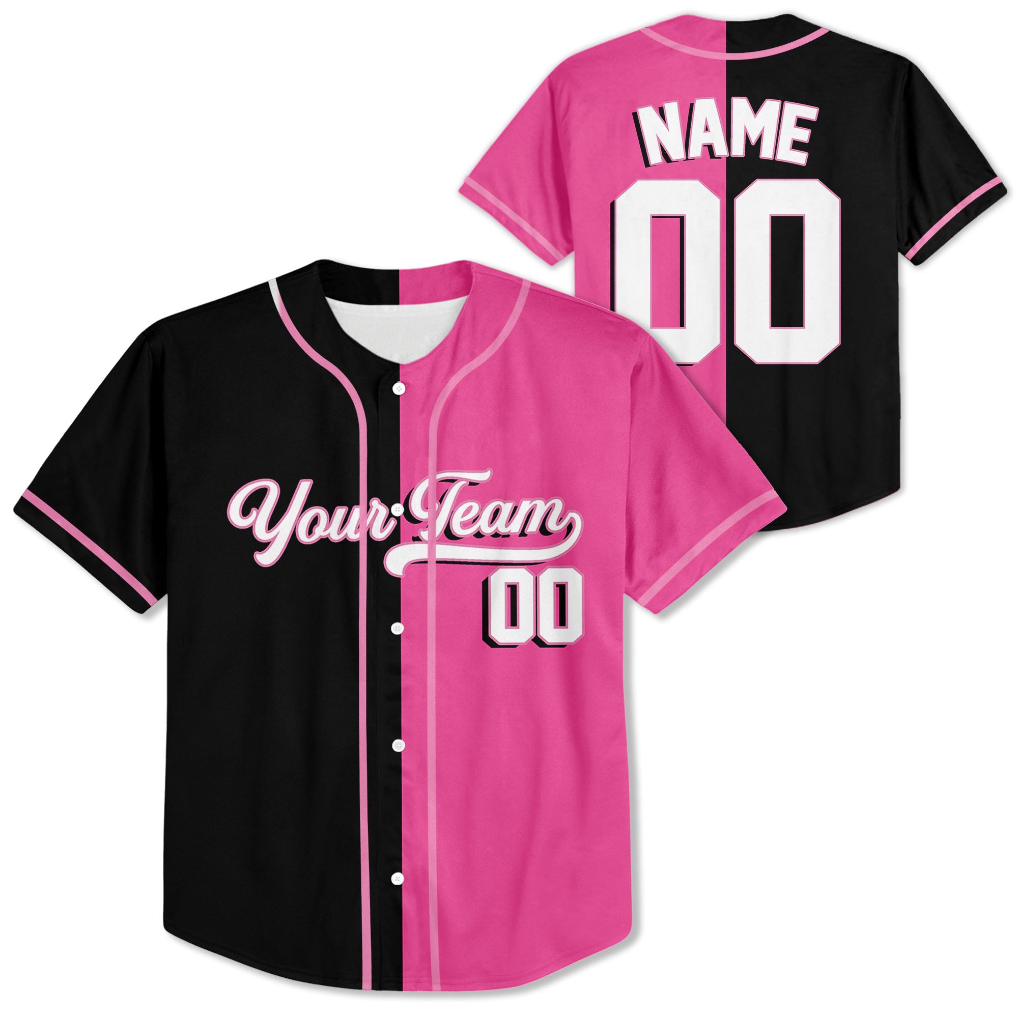 Personalized-Team-Name-And-Number-Baseball-Jersey-Custom-Design-Pink-Color-Collection-Pink-Black-Half-And-Half
