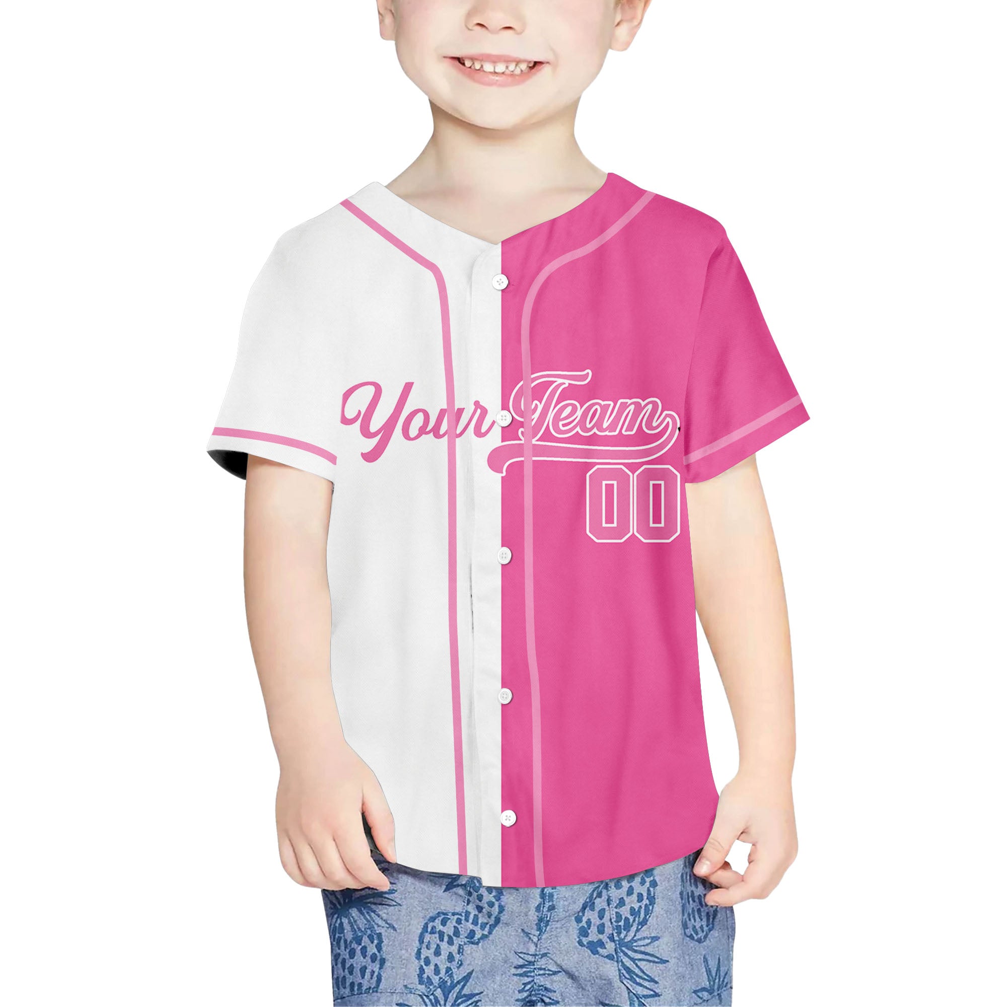 Personalized-Team-Name-And-Number-Baseball-Jersey-Custom-Design-Pink-Color-Collection-Pink-White-Half-And-Half
