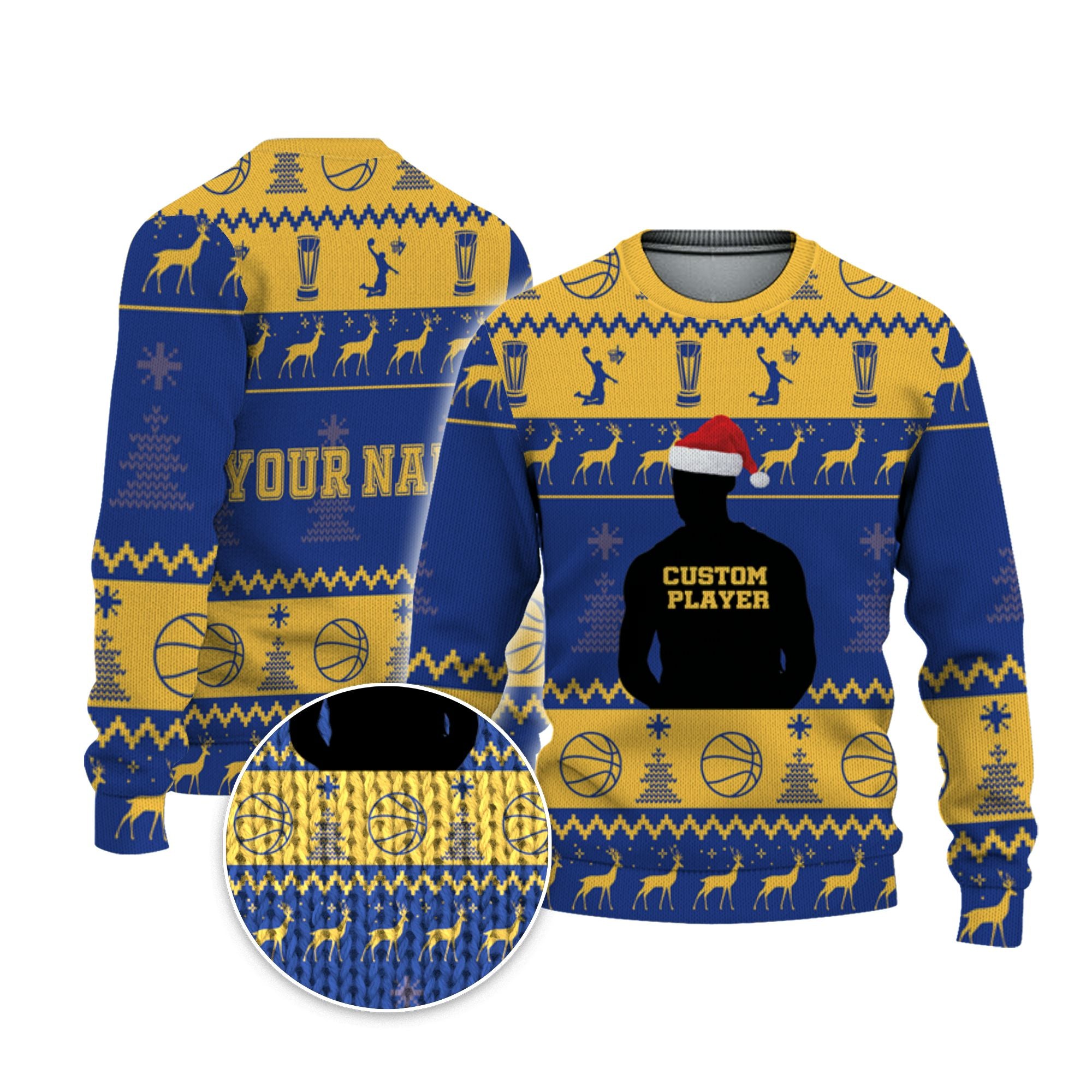 customized-player-basketball-ugly-christmas-sweater-blue-and-yellow-warrior-vdd37-6798