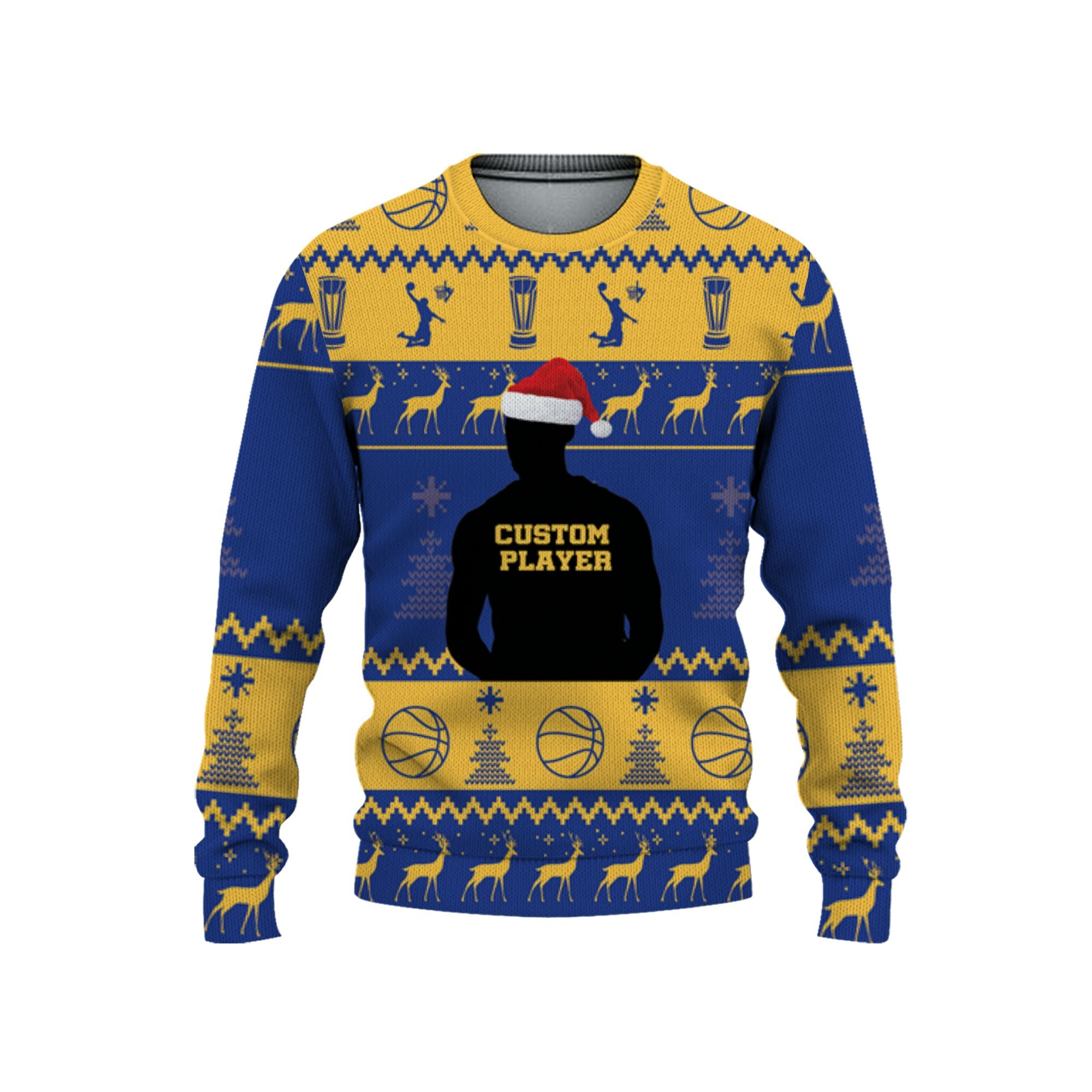 customized-player-basketball-ugly-christmas-sweater-blue-and-yellow-warrior-vdd37-6798