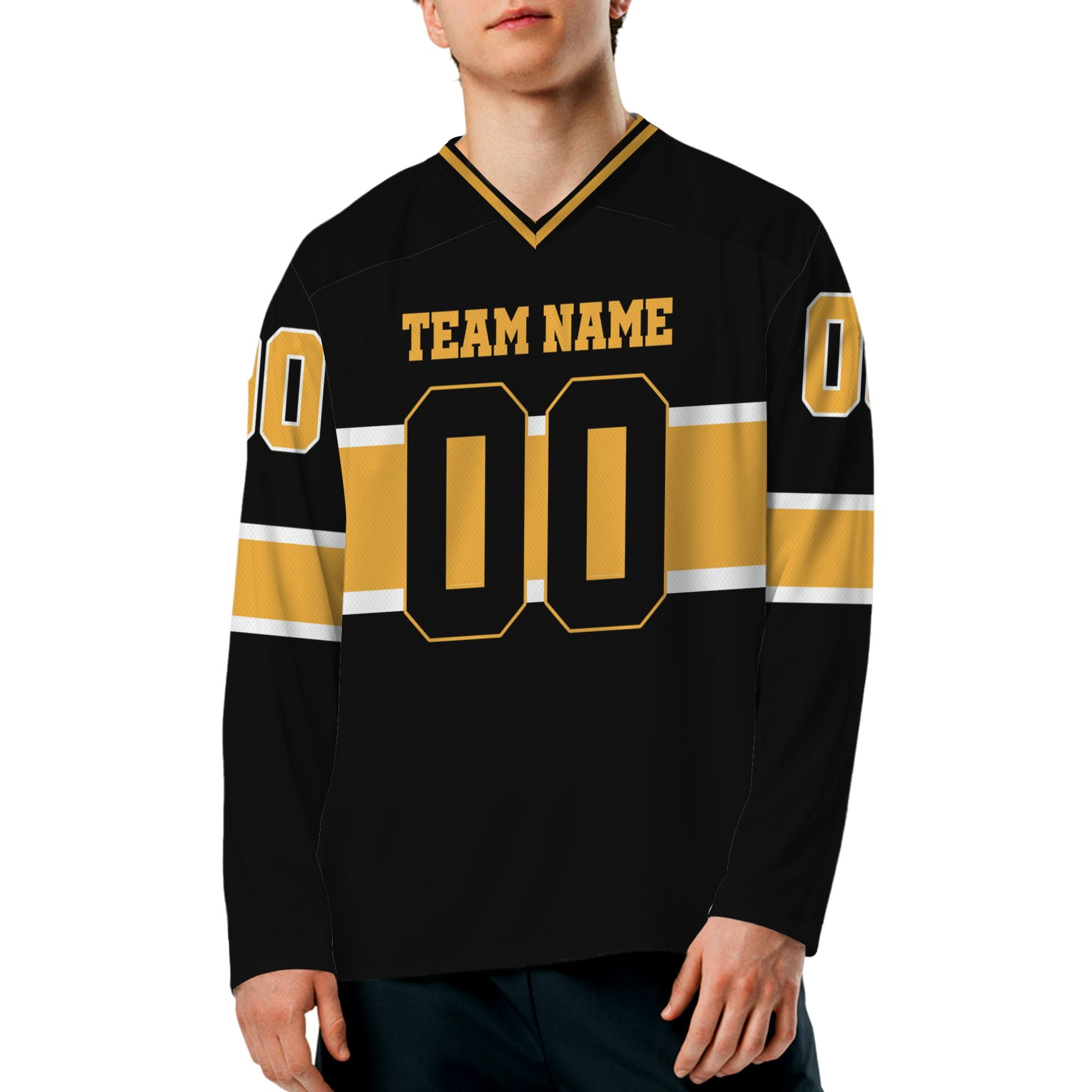 personalized-team-name-number-hockey-jersey-horizontal-lines-black-gold-and-white-vdd53-7495