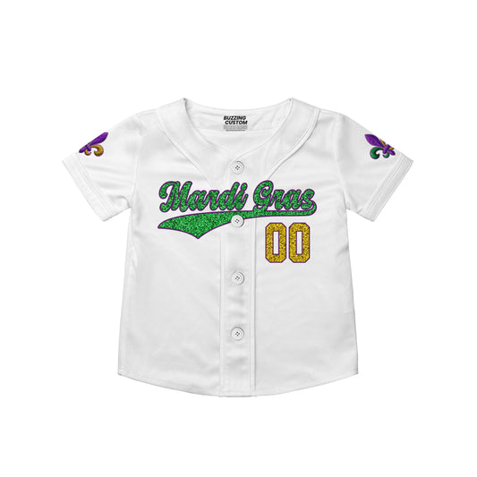 Custom White Mardi Gras Tkb38 Kid Baseball Jersey