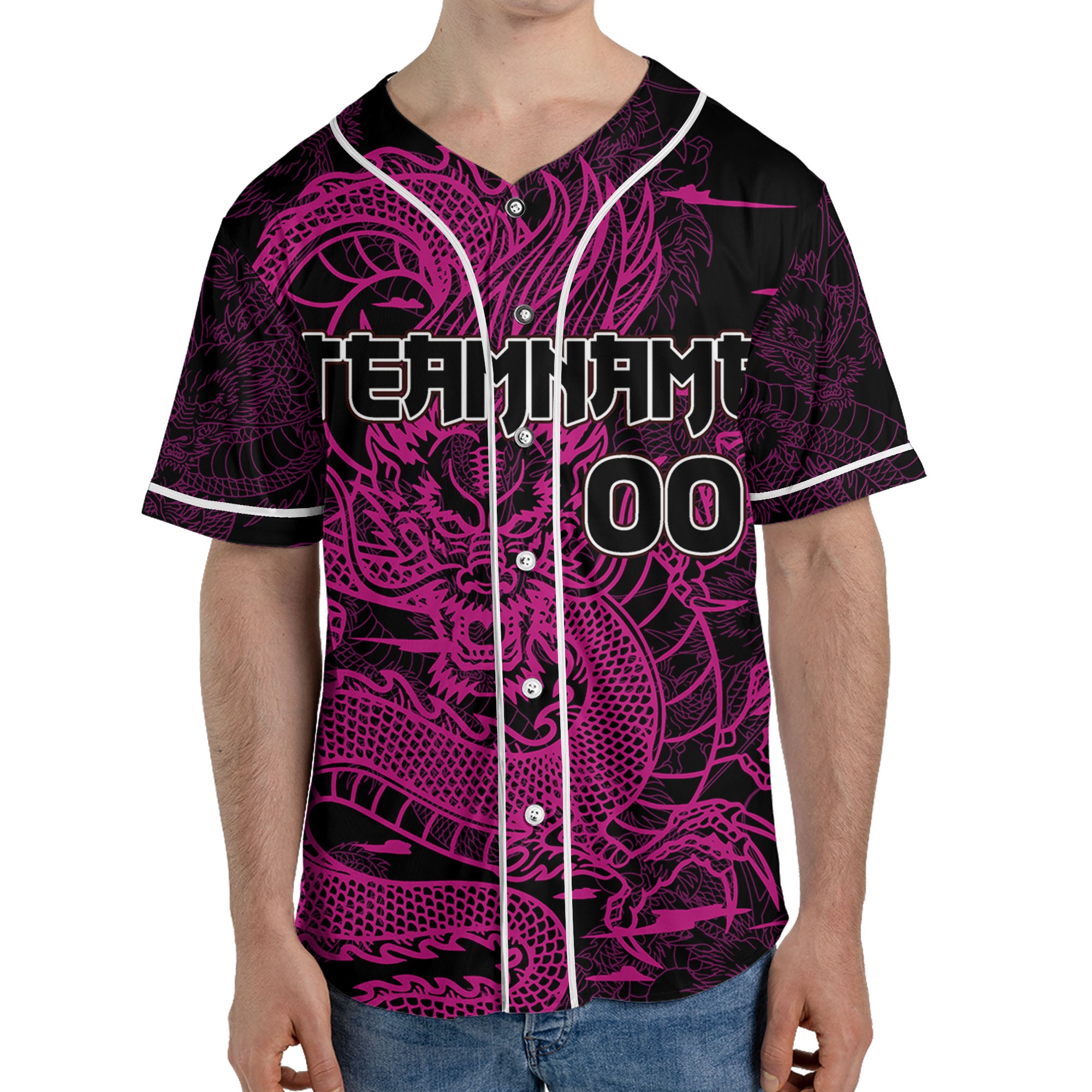 Personalize-Team-And-Name-Seamless-Dragon-Texture-Pink-Baseball-Jersey