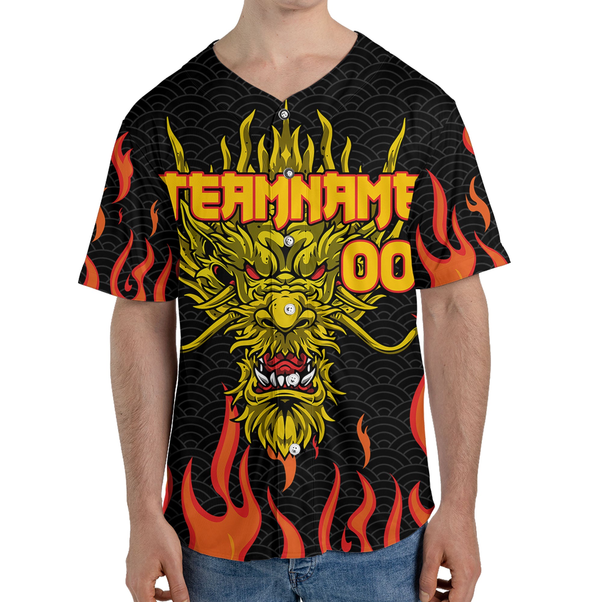 Personalize-Team-Name-And-Number-Dragon-Head-Yellow-Baseball-Jersey