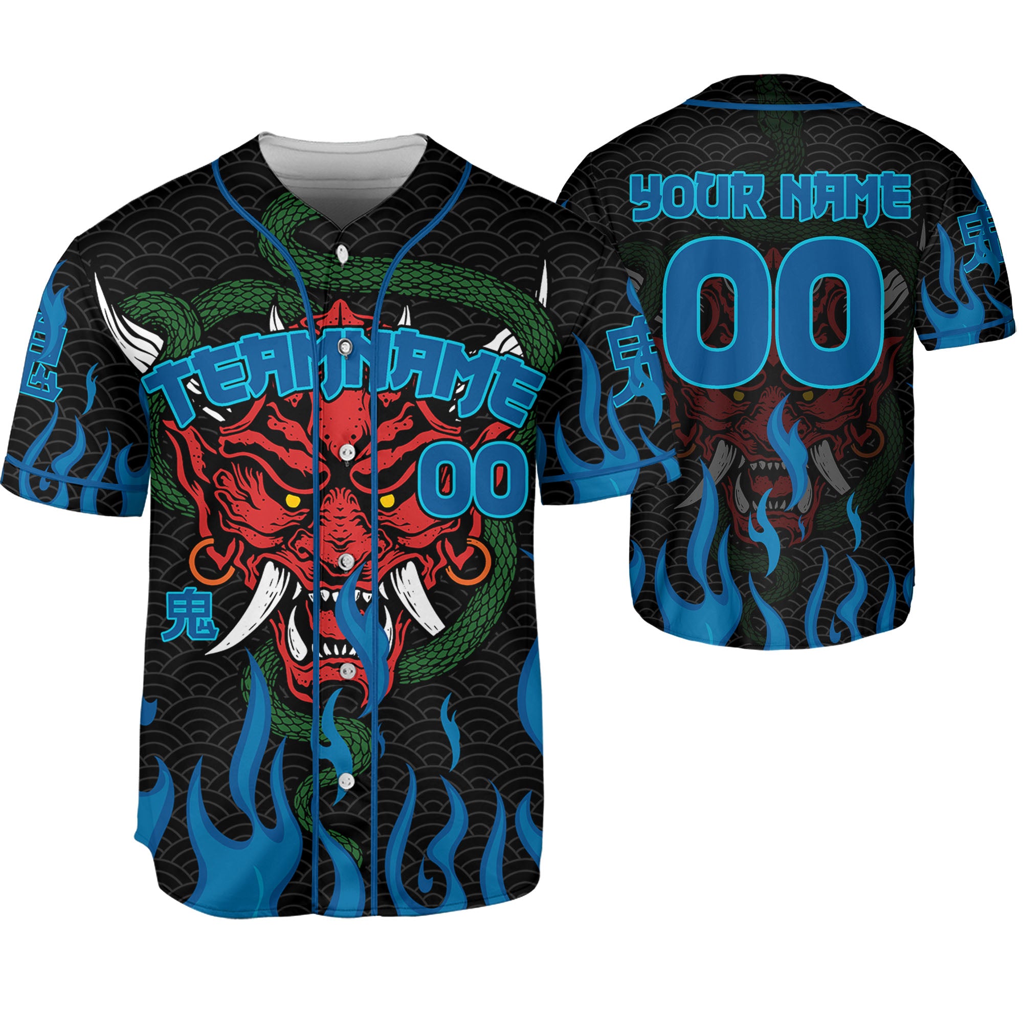 Custom Baseball Team Name And Number Oni Mask With Snake And Fire Blue Style