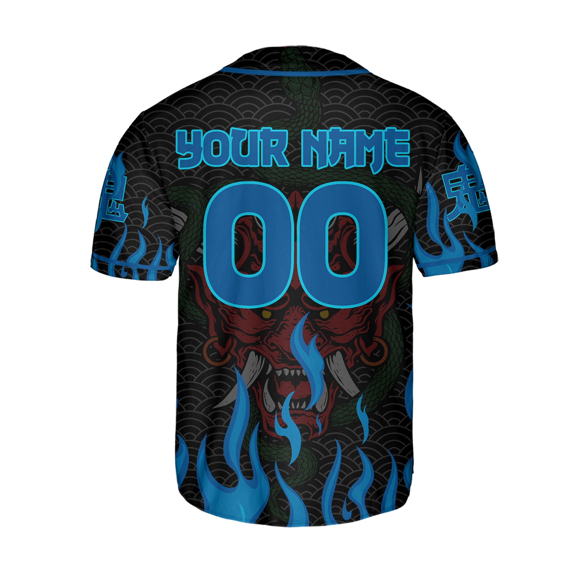 Custom Baseball Team Name And Number Oni Mask With Snake And Fire Blue Style