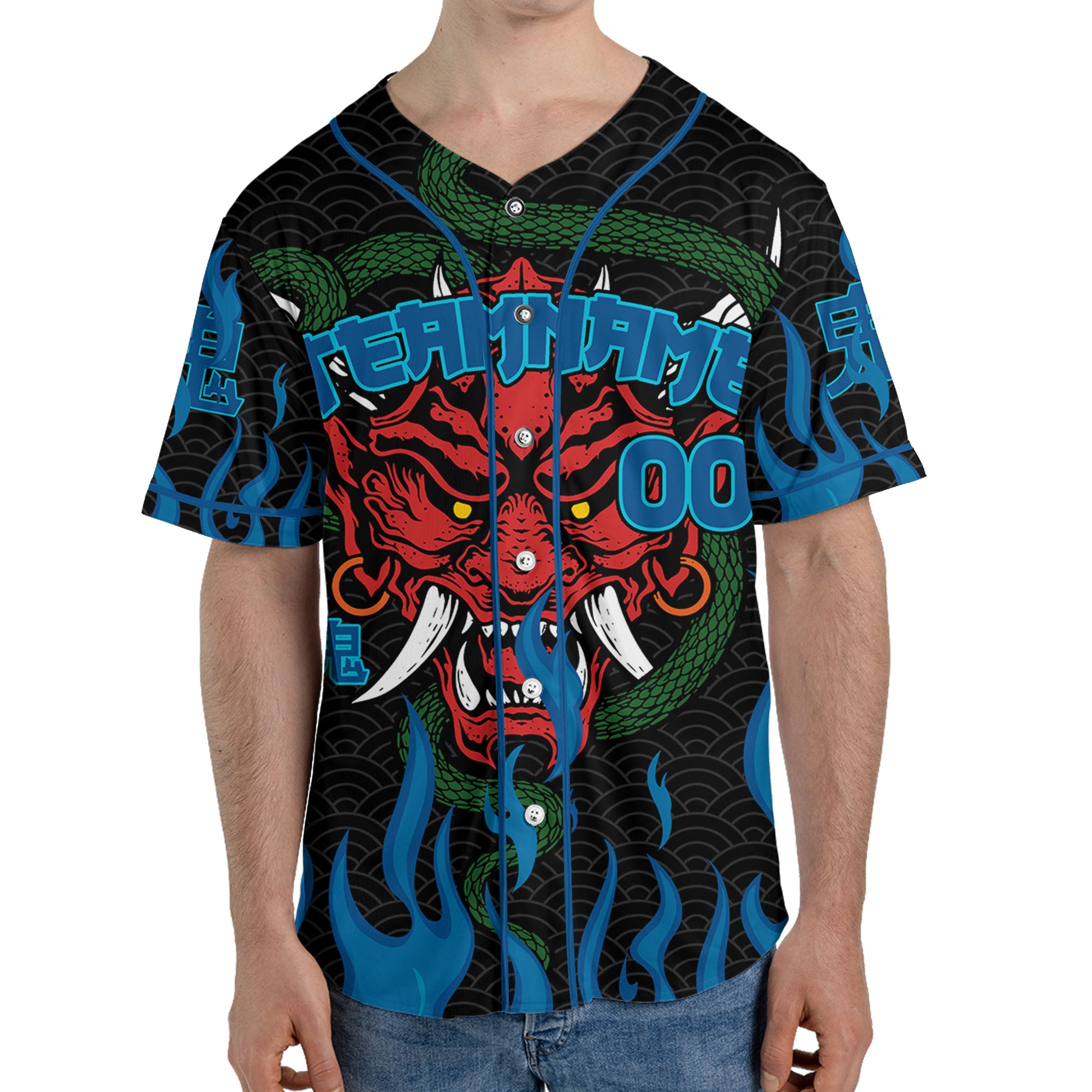 Custom Baseball Team Name And Number Oni Mask With Snake And Fire Blue Style