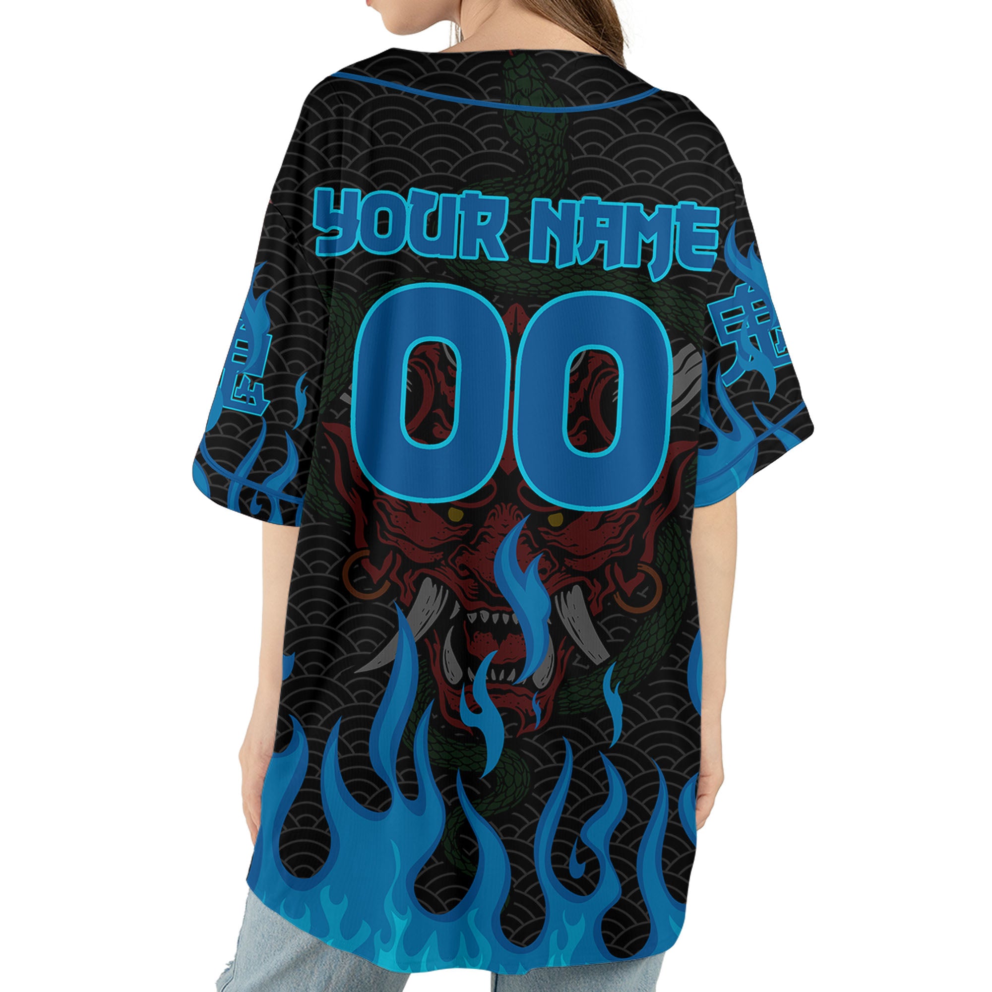 Custom Baseball Team Name And Number Oni Mask With Snake And Fire Blue Style