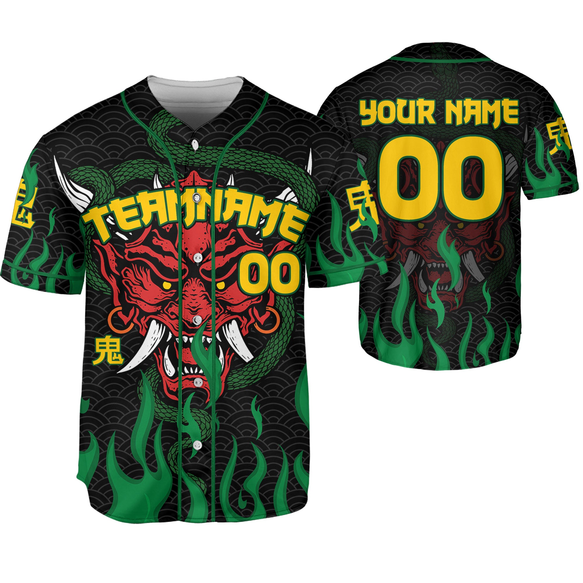 Custom Baseball Team Name And Number Oni Mask With Snake And Fire Green Style