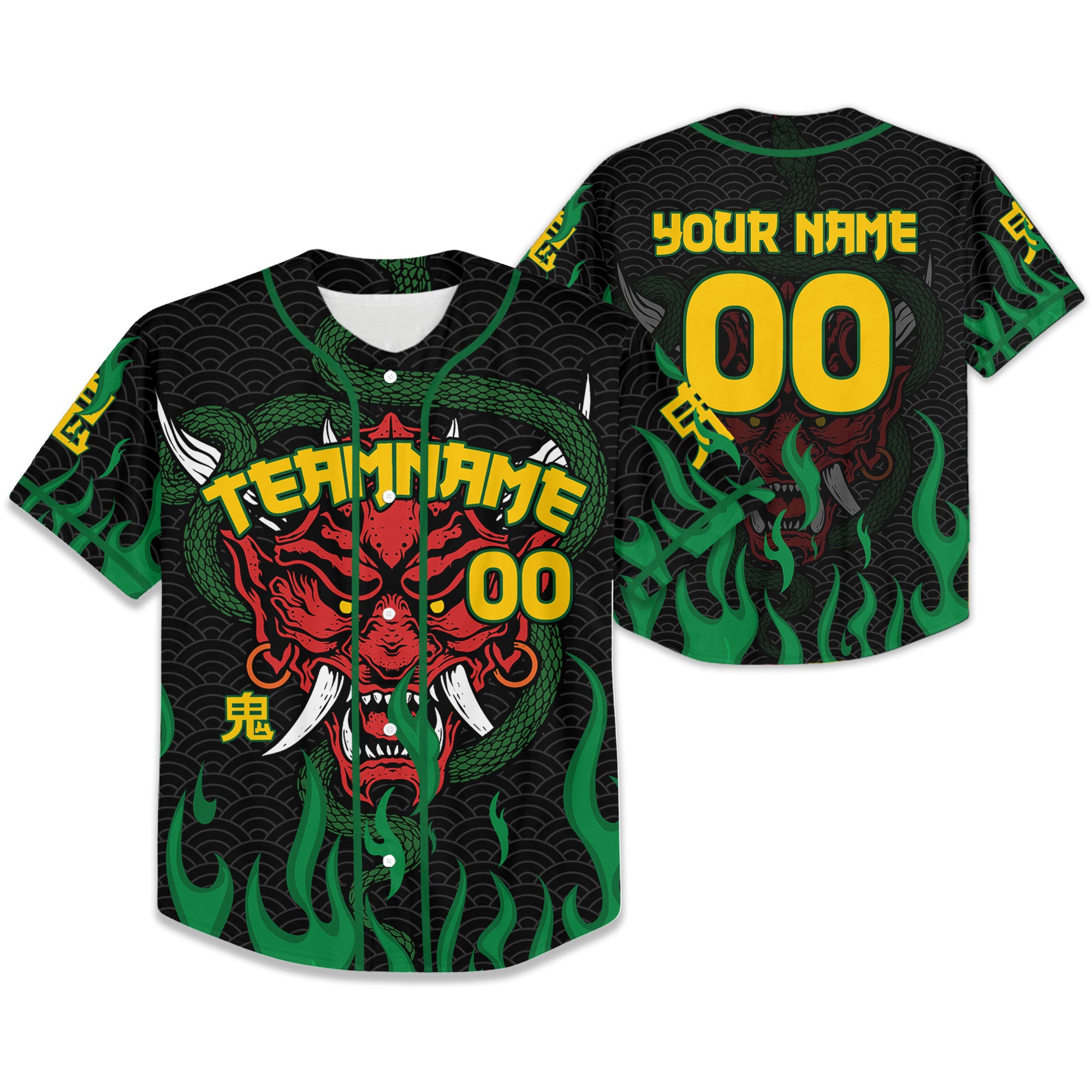 Custom Baseball Team Name And Number Oni Mask With Snake And Fire Green Style