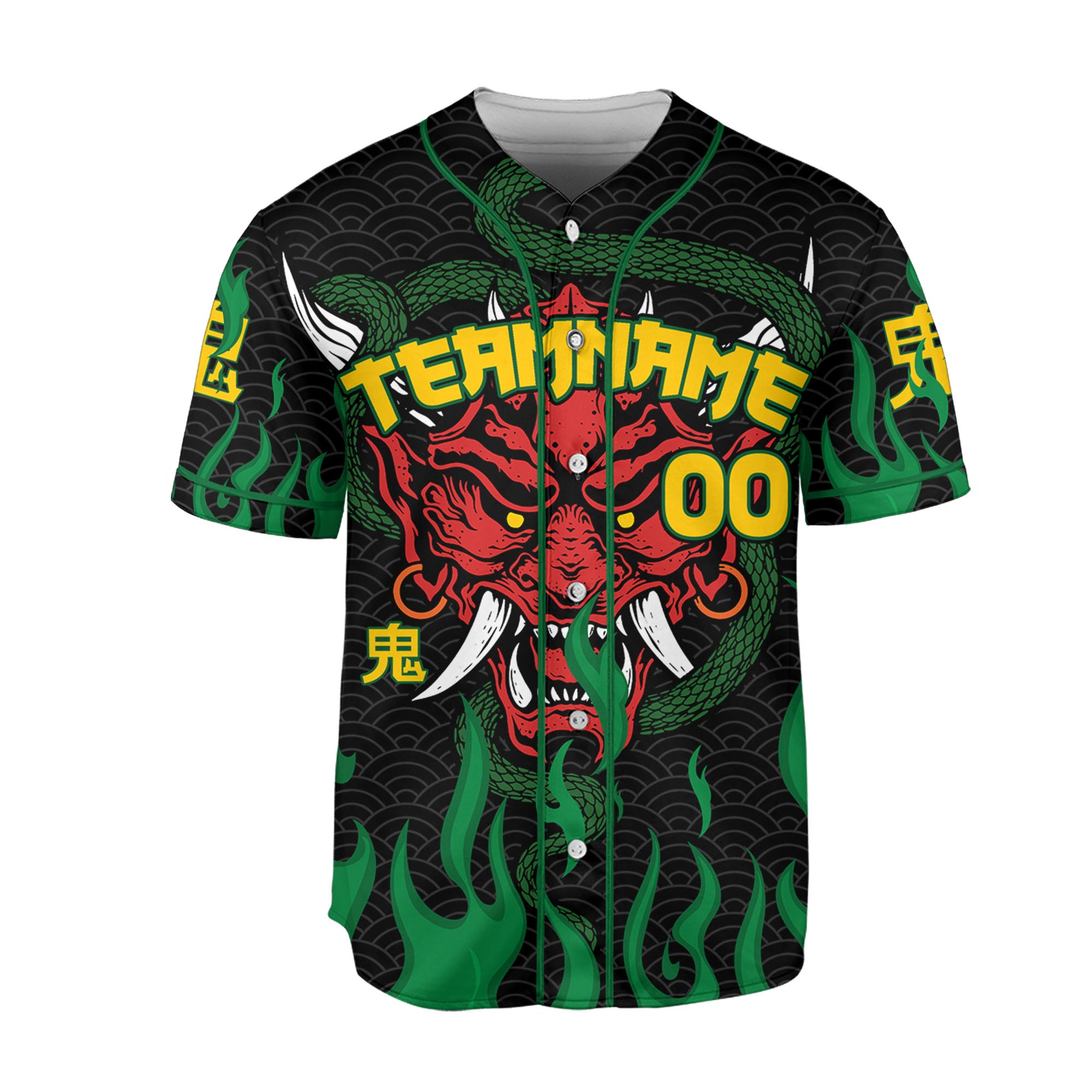 Custom Baseball Team Name And Number Oni Mask With Snake And Fire Green Style