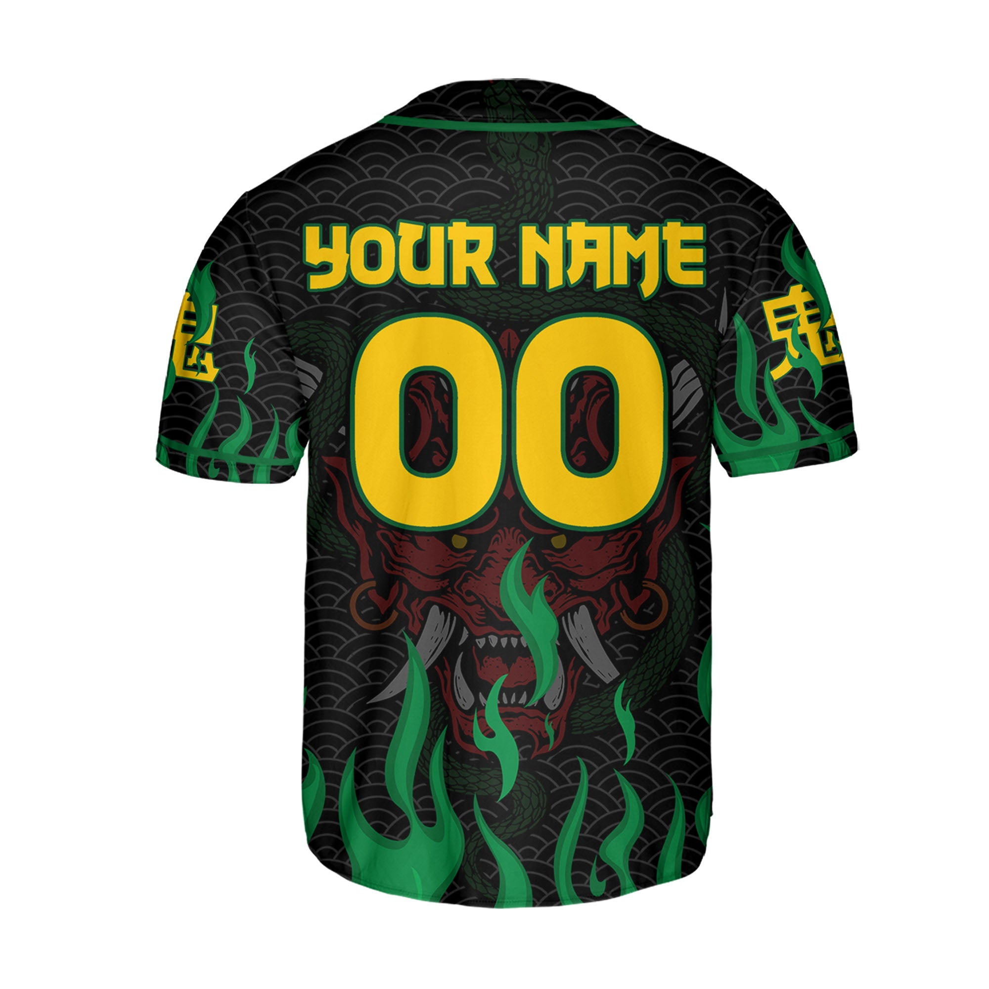 Custom Baseball Team Name And Number Oni Mask With Snake And Fire Green Style