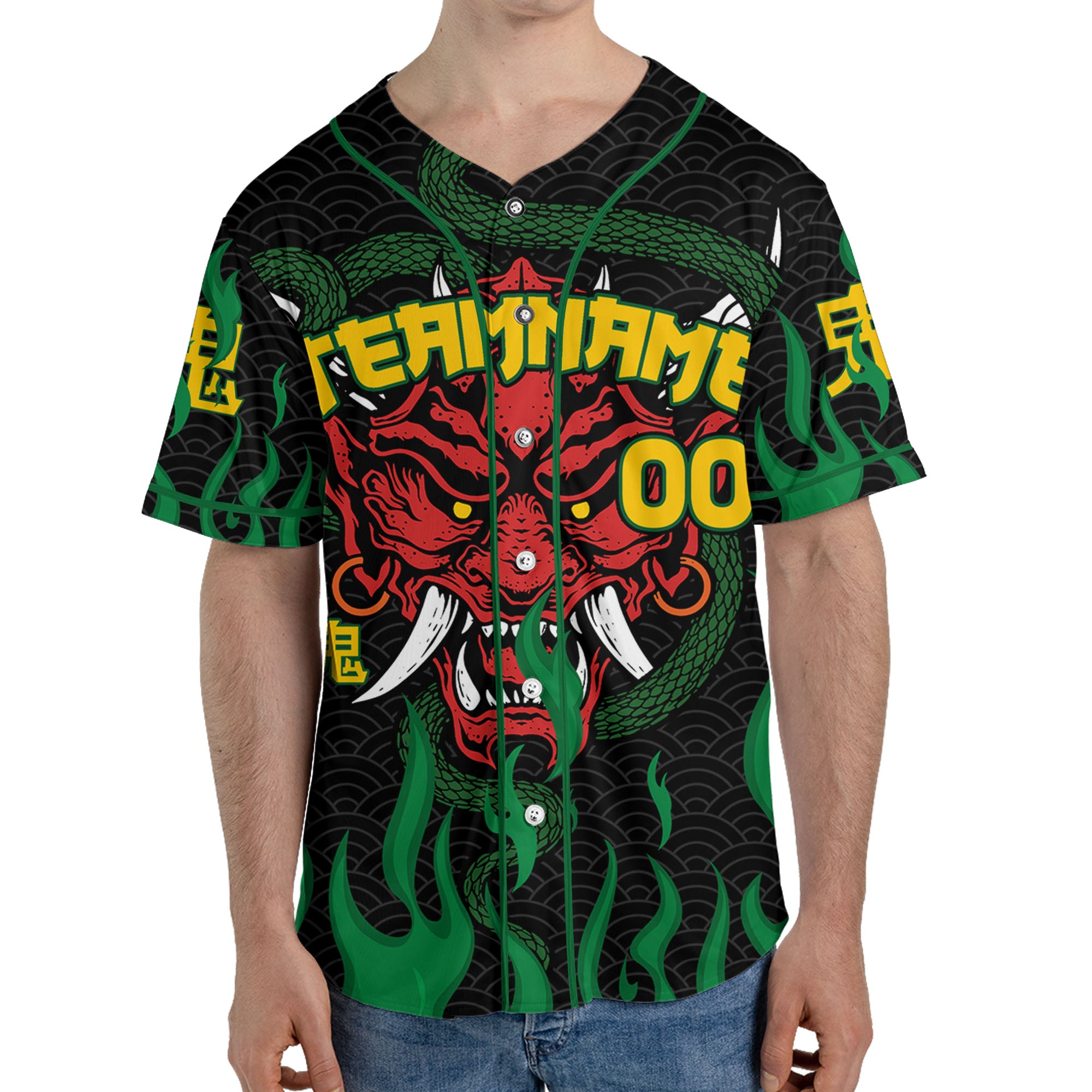 Custom Baseball Team Name And Number Oni Mask With Snake And Fire Green Style