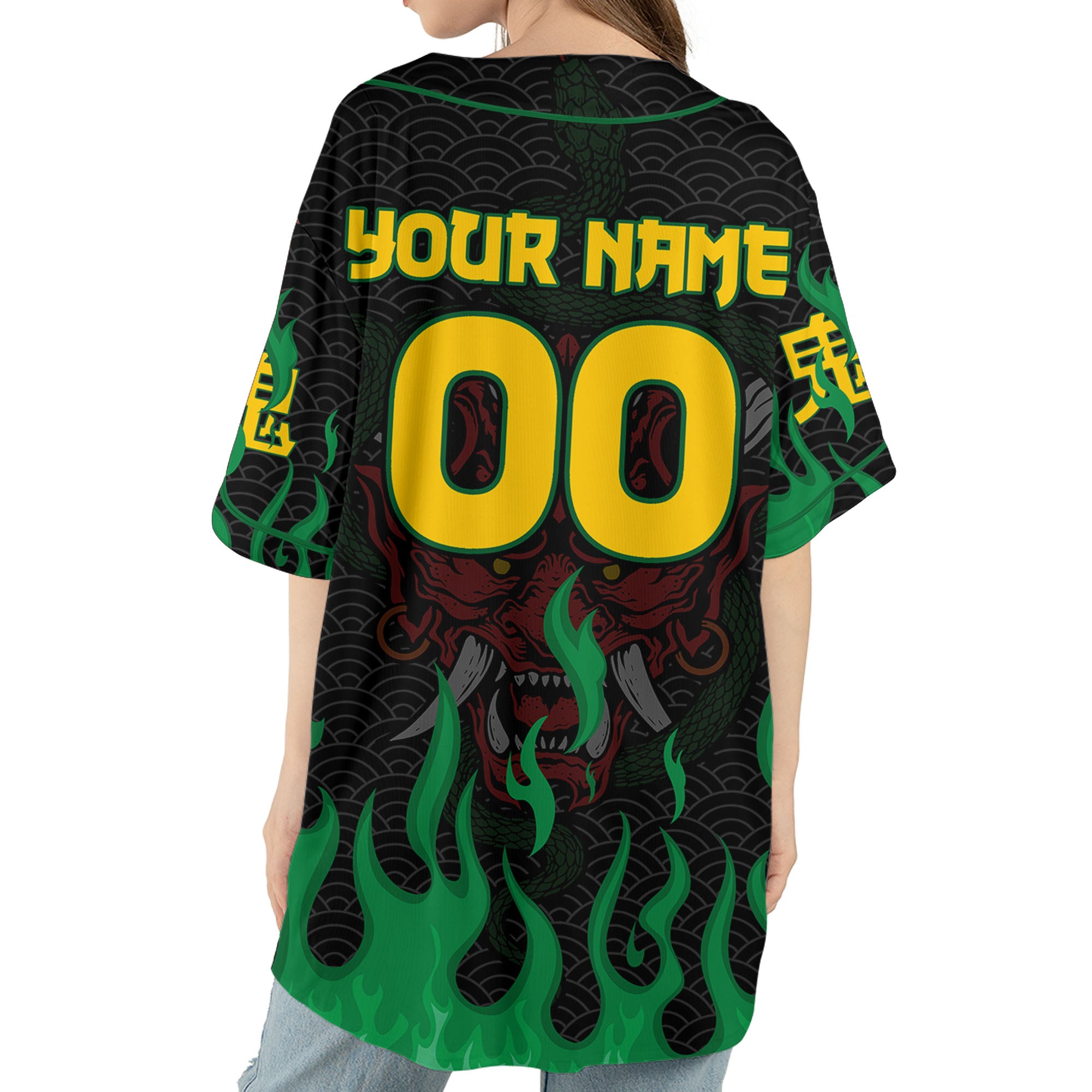Custom Baseball Team Name And Number Oni Mask With Snake And Fire Green Style