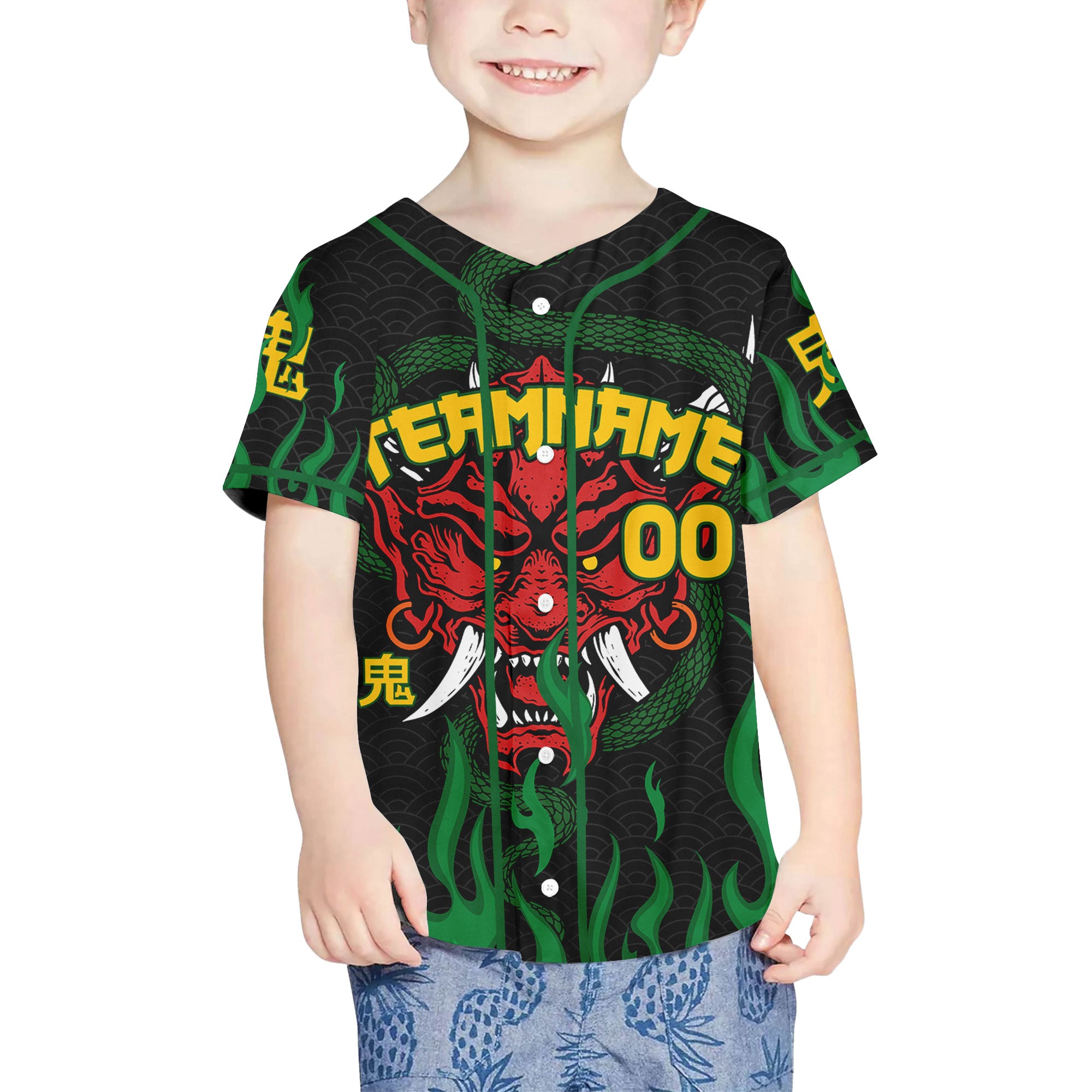 Custom Baseball Team Name And Number Oni Mask With Snake And Fire Green Style
