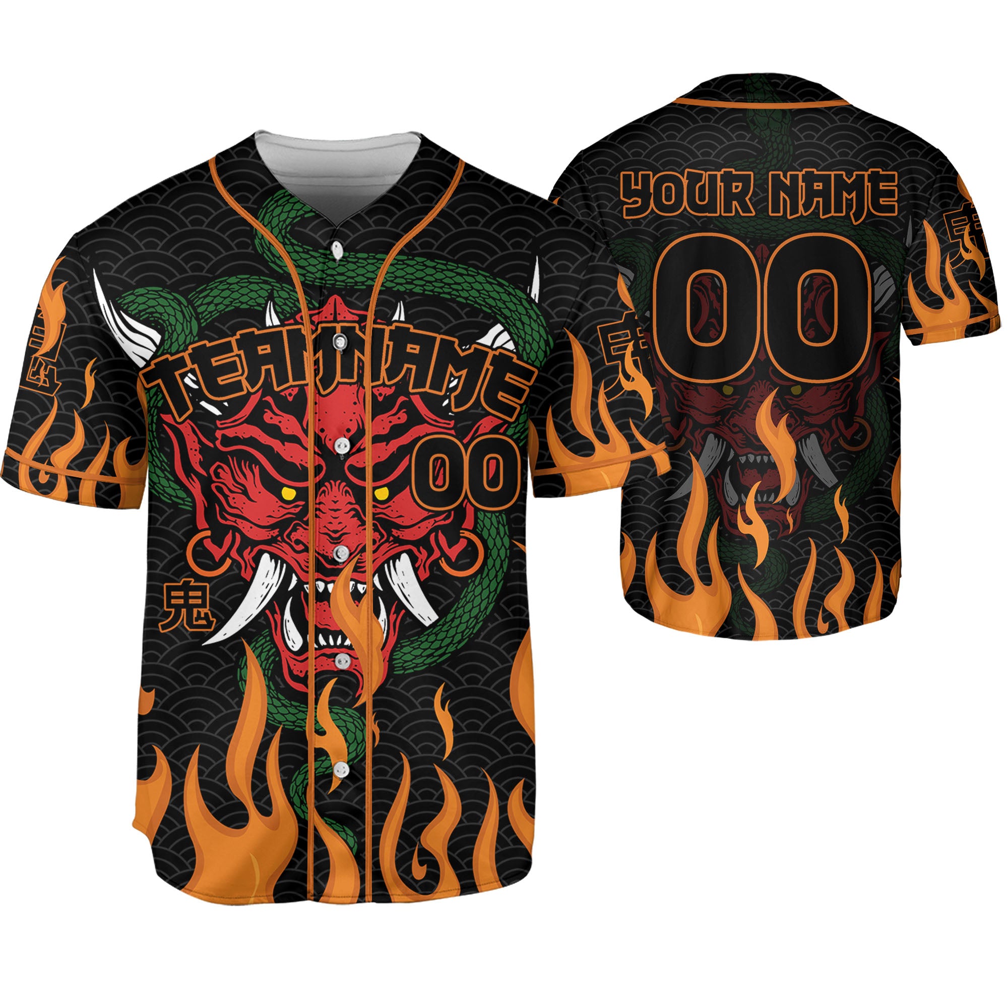 Custom Baseball Team Name And Number Oni Mask With Snake And Fire Orange Style