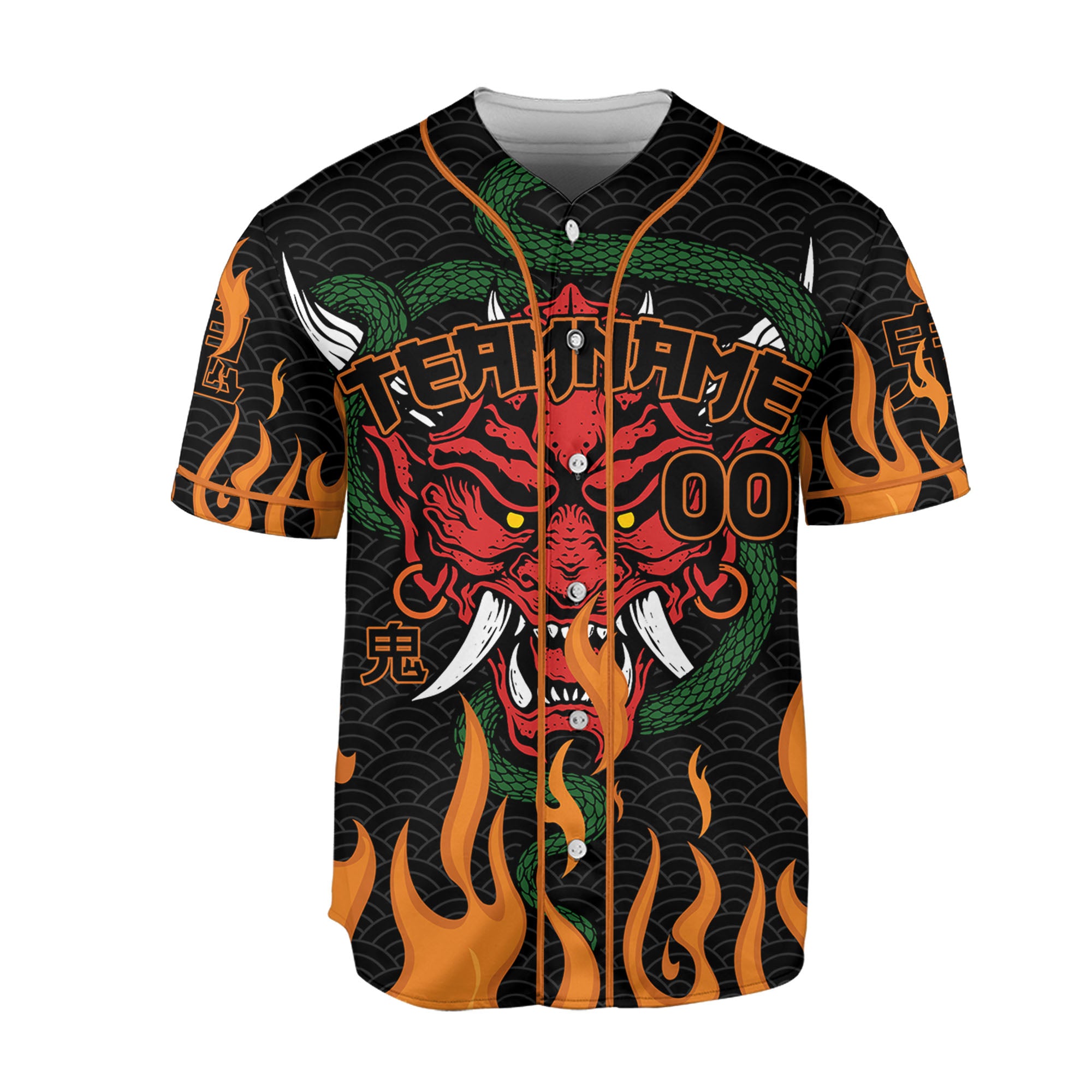 Custom Baseball Team Name And Number Oni Mask With Snake And Fire Orange Style