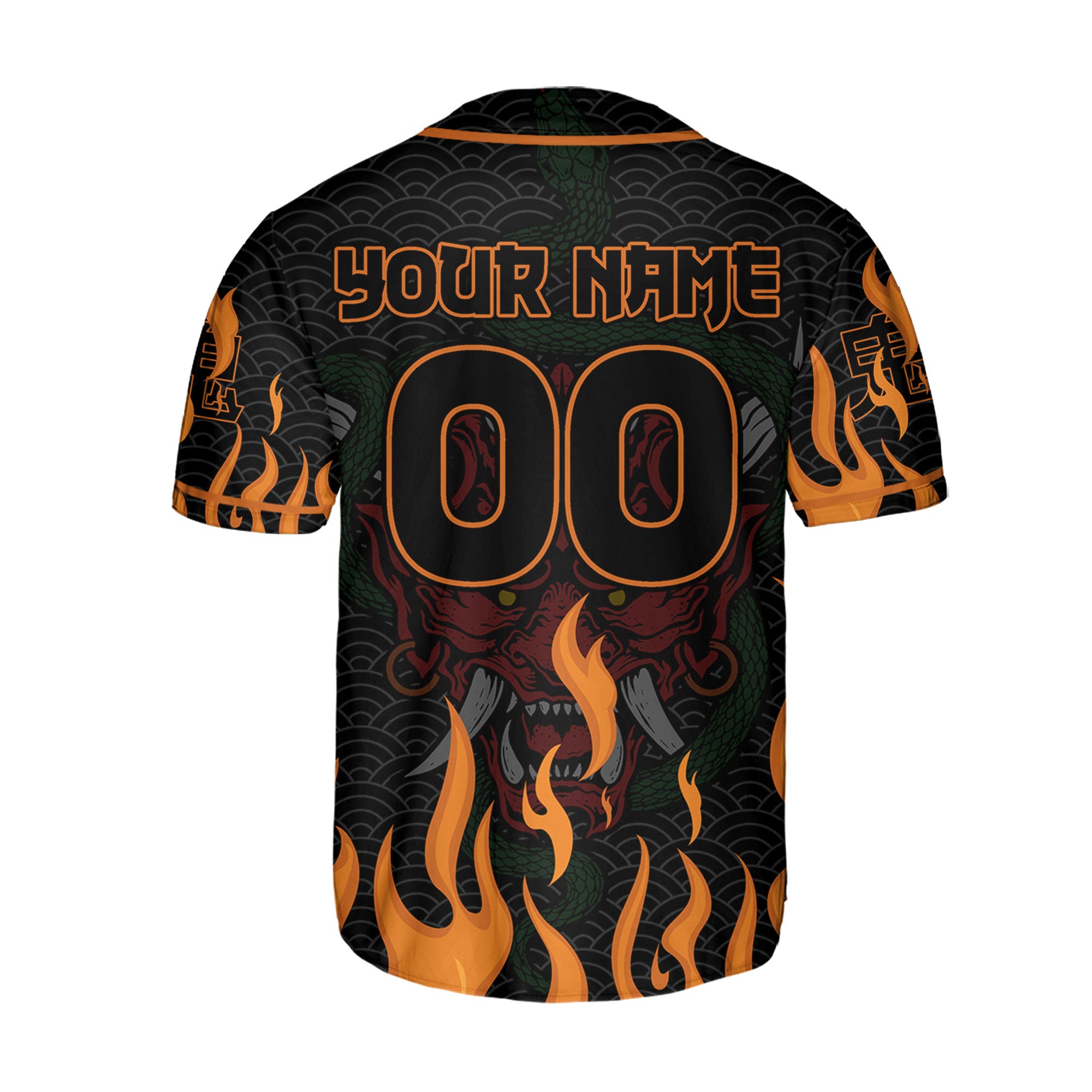 Custom Baseball Team Name And Number Oni Mask With Snake And Fire Orange Style