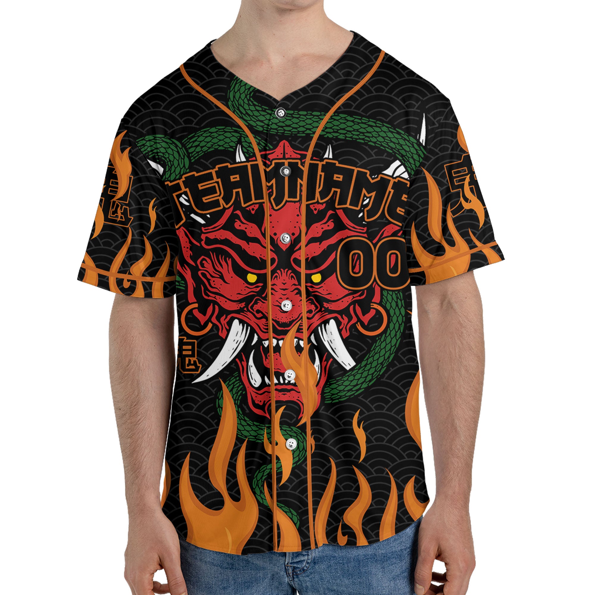 Custom Baseball Team Name And Number Oni Mask With Snake And Fire Orange Style