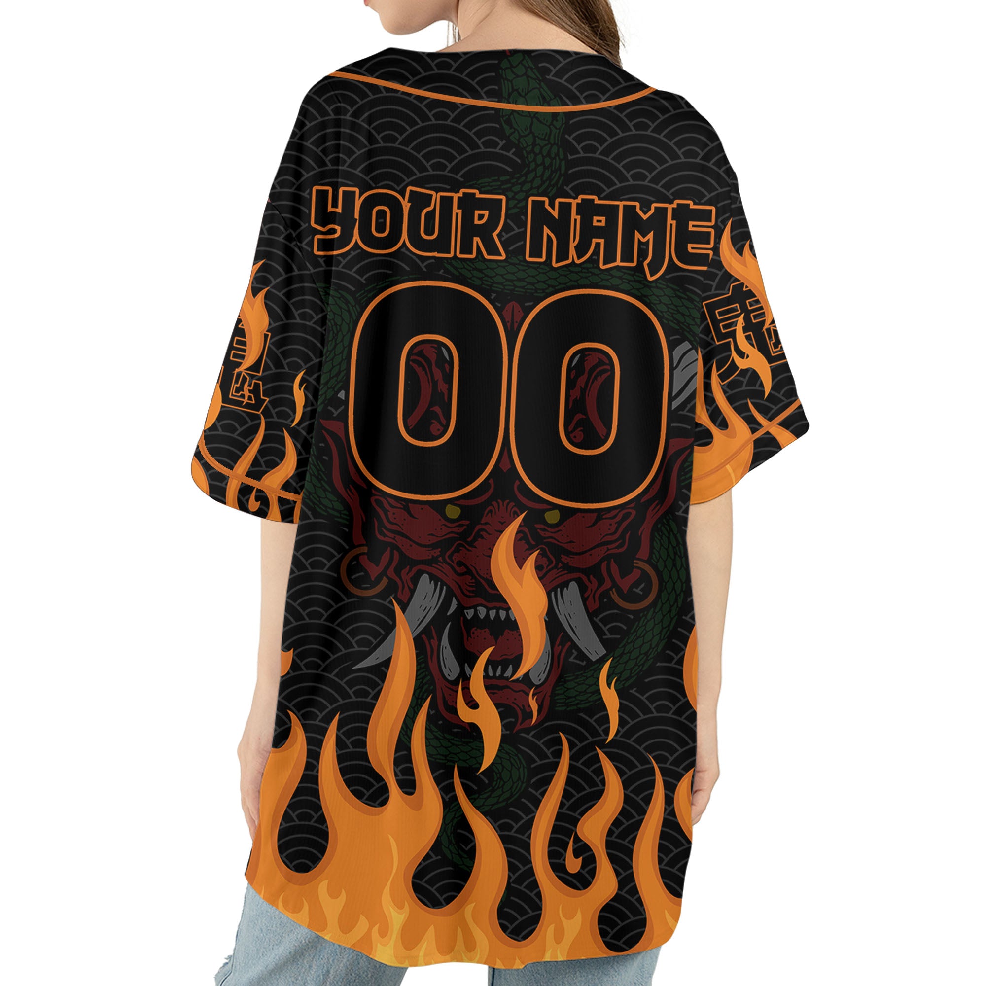 Custom Baseball Team Name And Number Oni Mask With Snake And Fire Orange Style