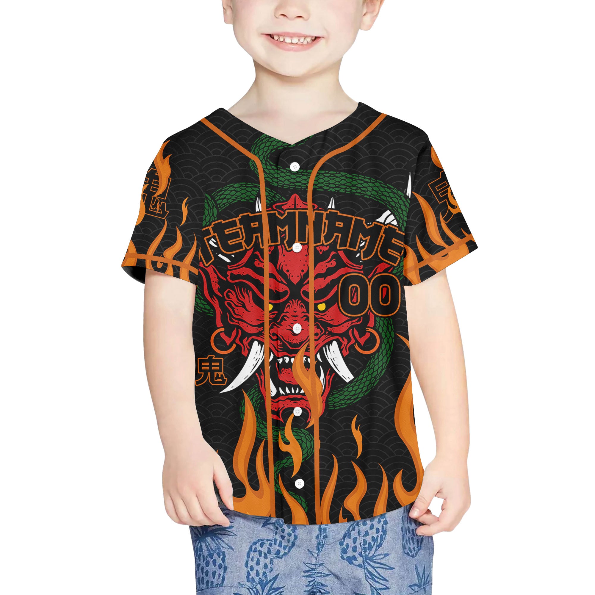 Custom Baseball Team Name And Number Oni Mask With Snake And Fire Orange Style