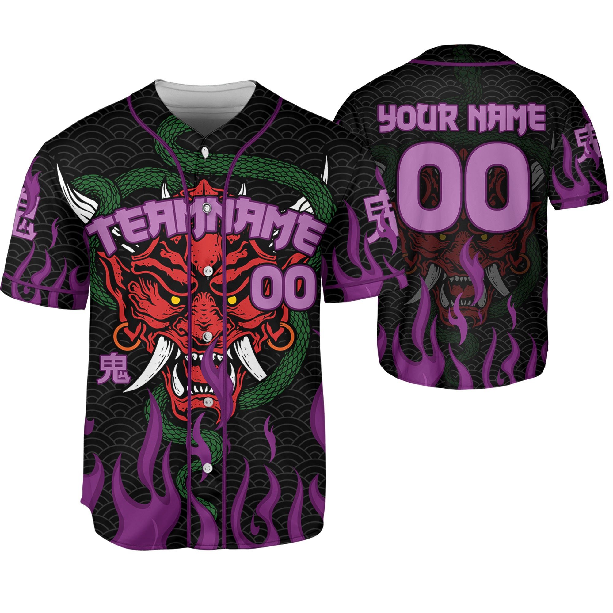 Custom Baseball Team Name And Number Oni Mask With Snake And Fire Purple Style