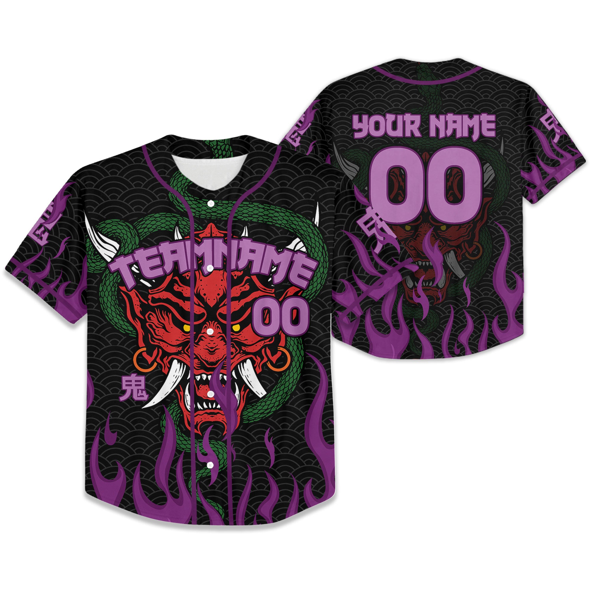 Custom Baseball Team Name And Number Oni Mask With Snake And Fire Purple Style