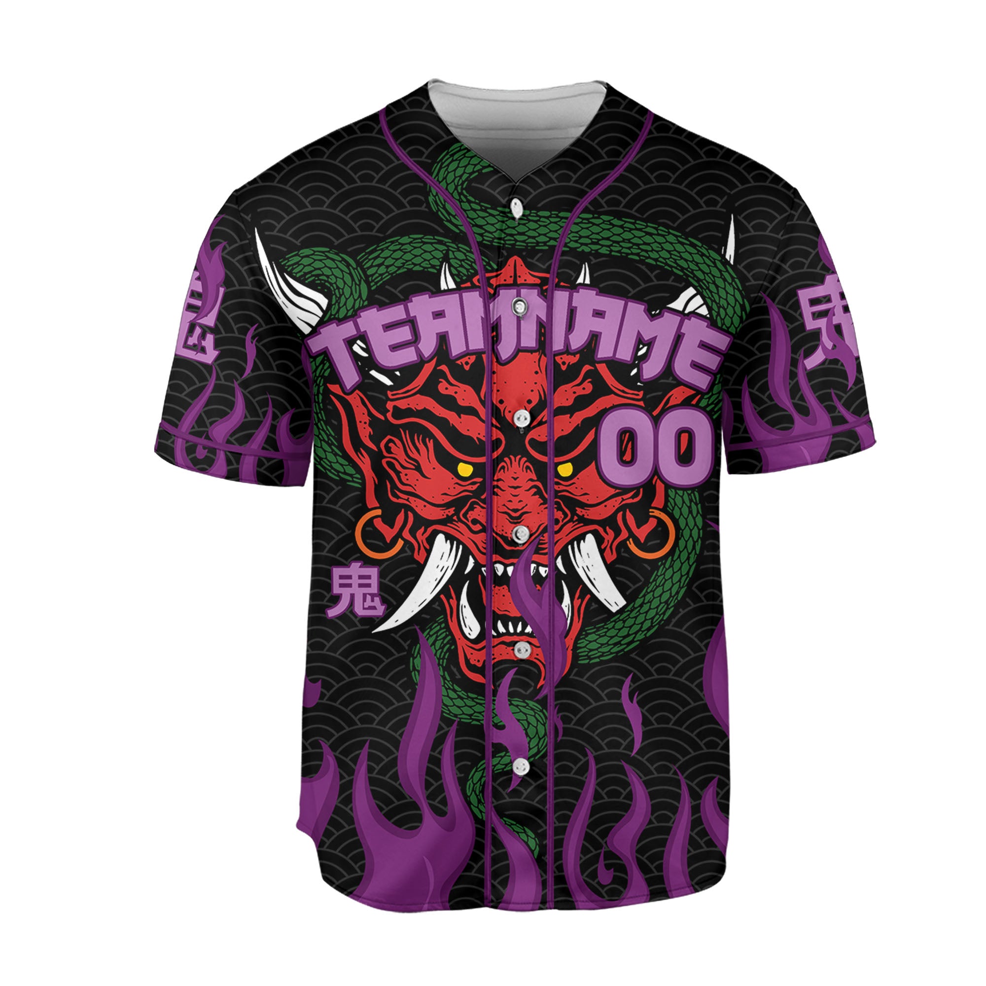 Custom Baseball Team Name And Number Oni Mask With Snake And Fire Purple Style
