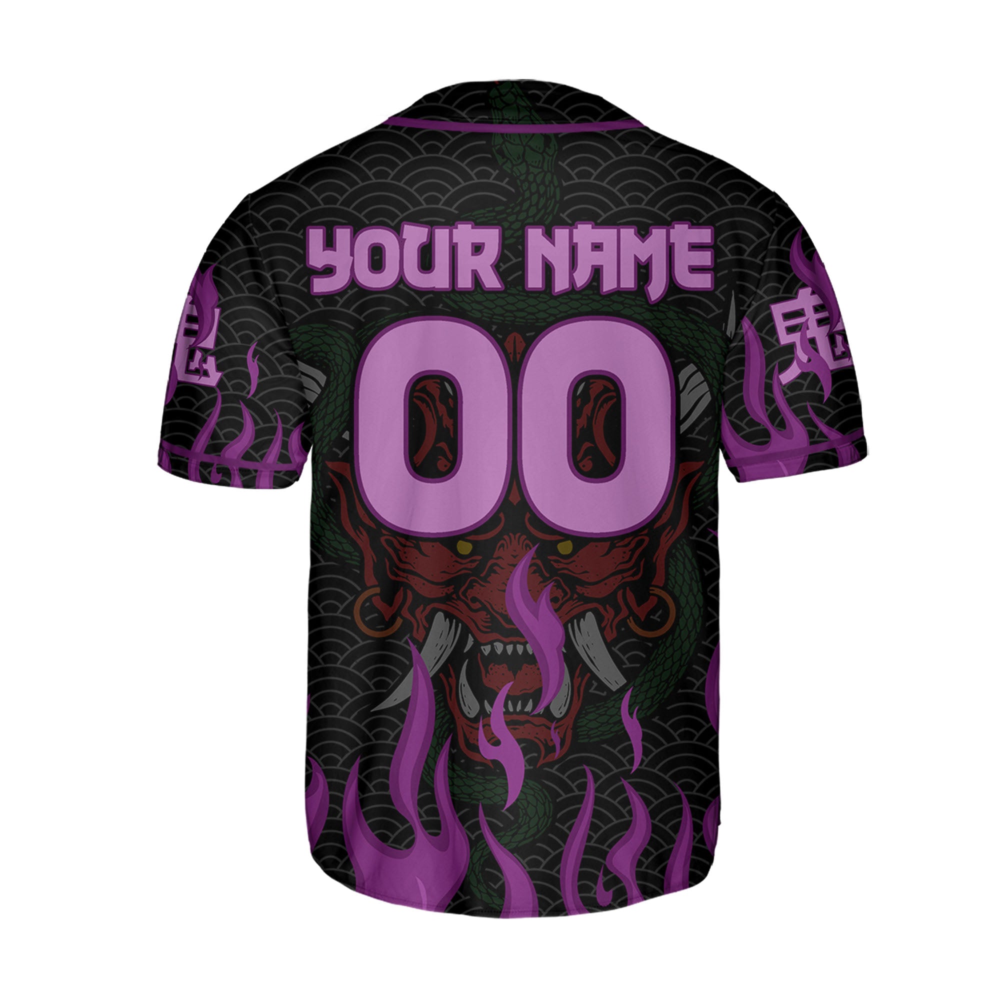 Custom Baseball Team Name And Number Oni Mask With Snake And Fire Purple Style