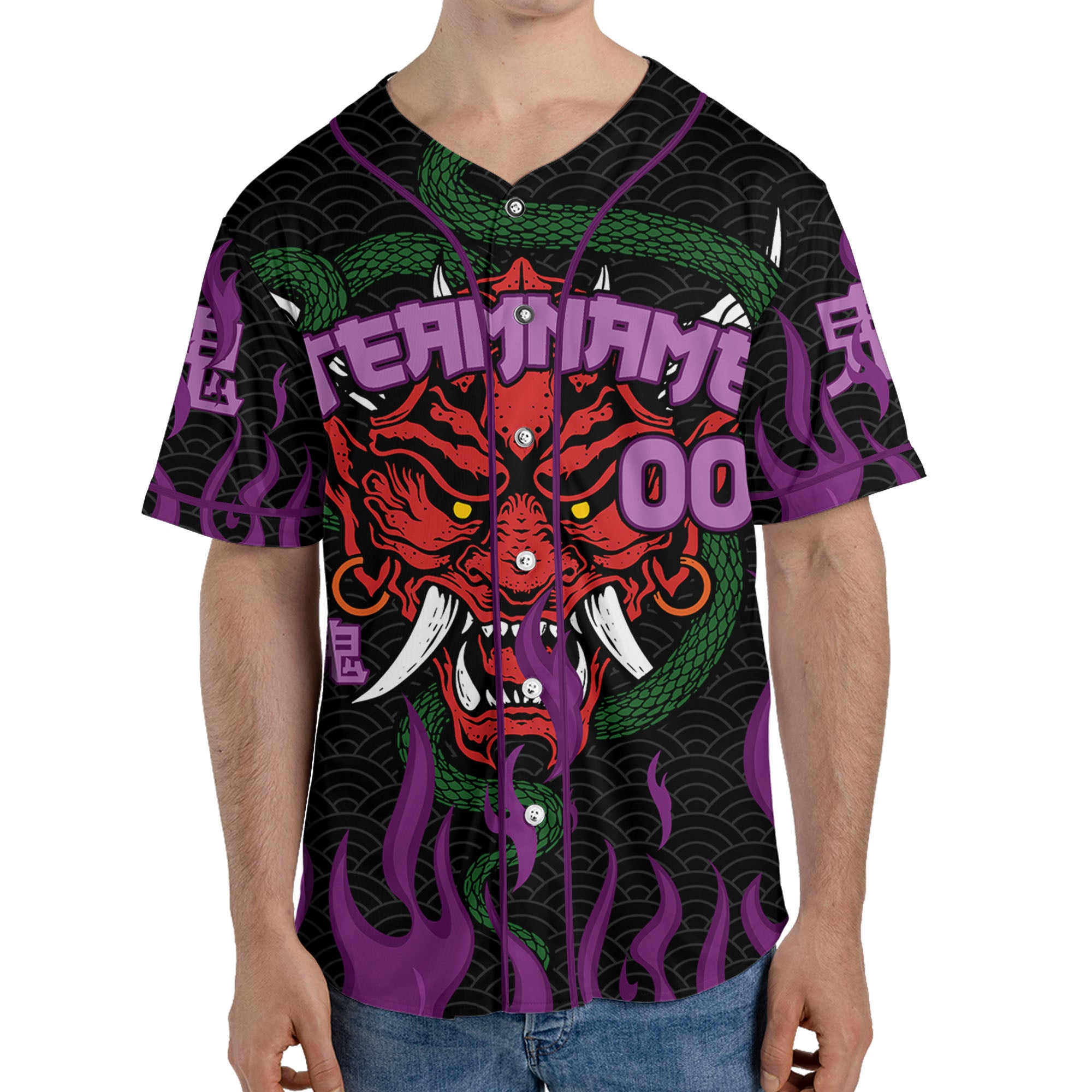 Custom Baseball Team Name And Number Oni Mask With Snake And Fire Purple Style