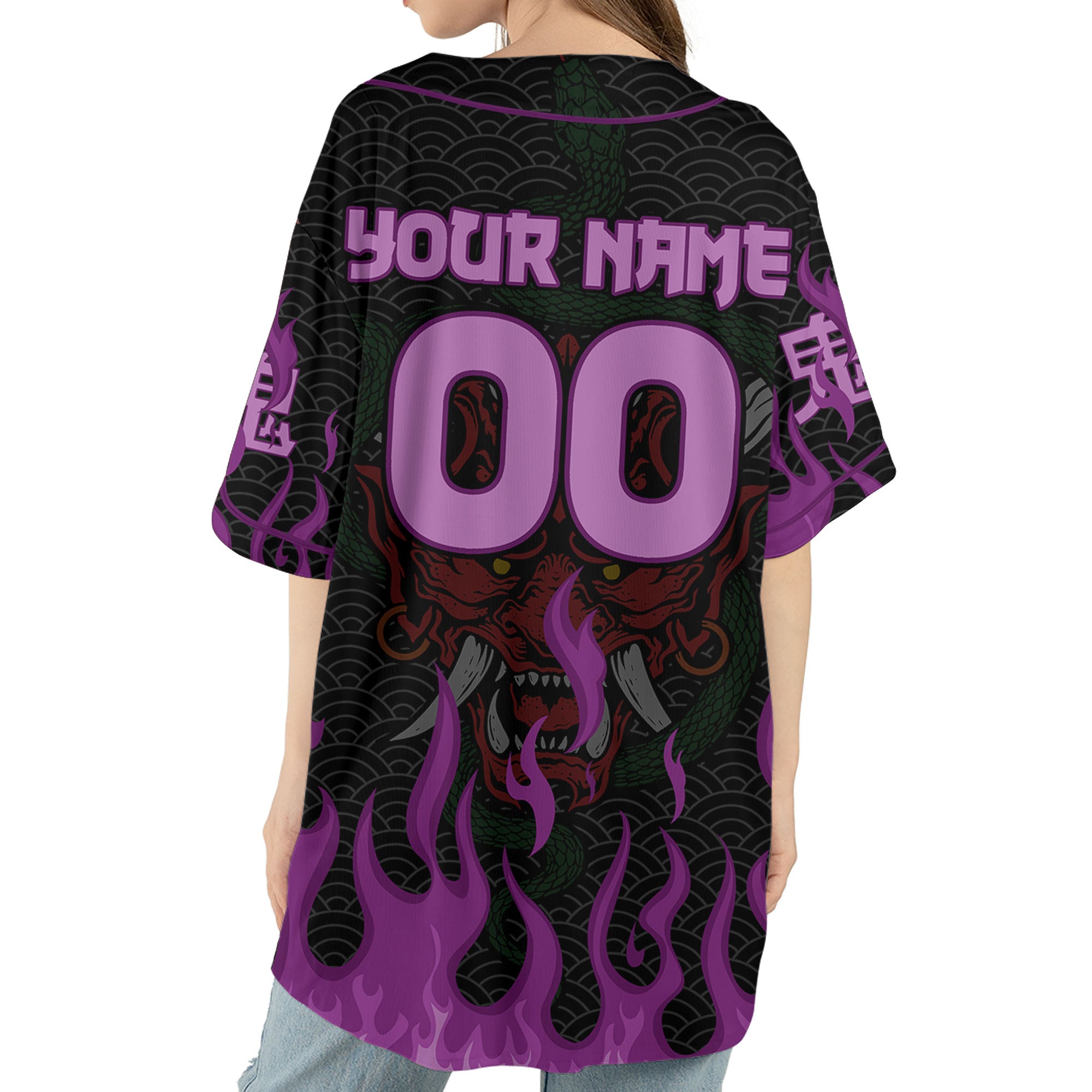 Custom Baseball Team Name And Number Oni Mask With Snake And Fire Purple Style