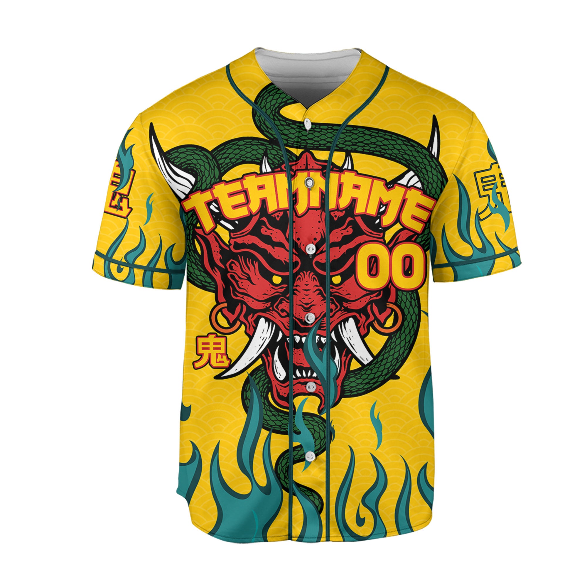 Custom Baseball Team Name And Number Oni Mask With Snake And Fire Yellow Style