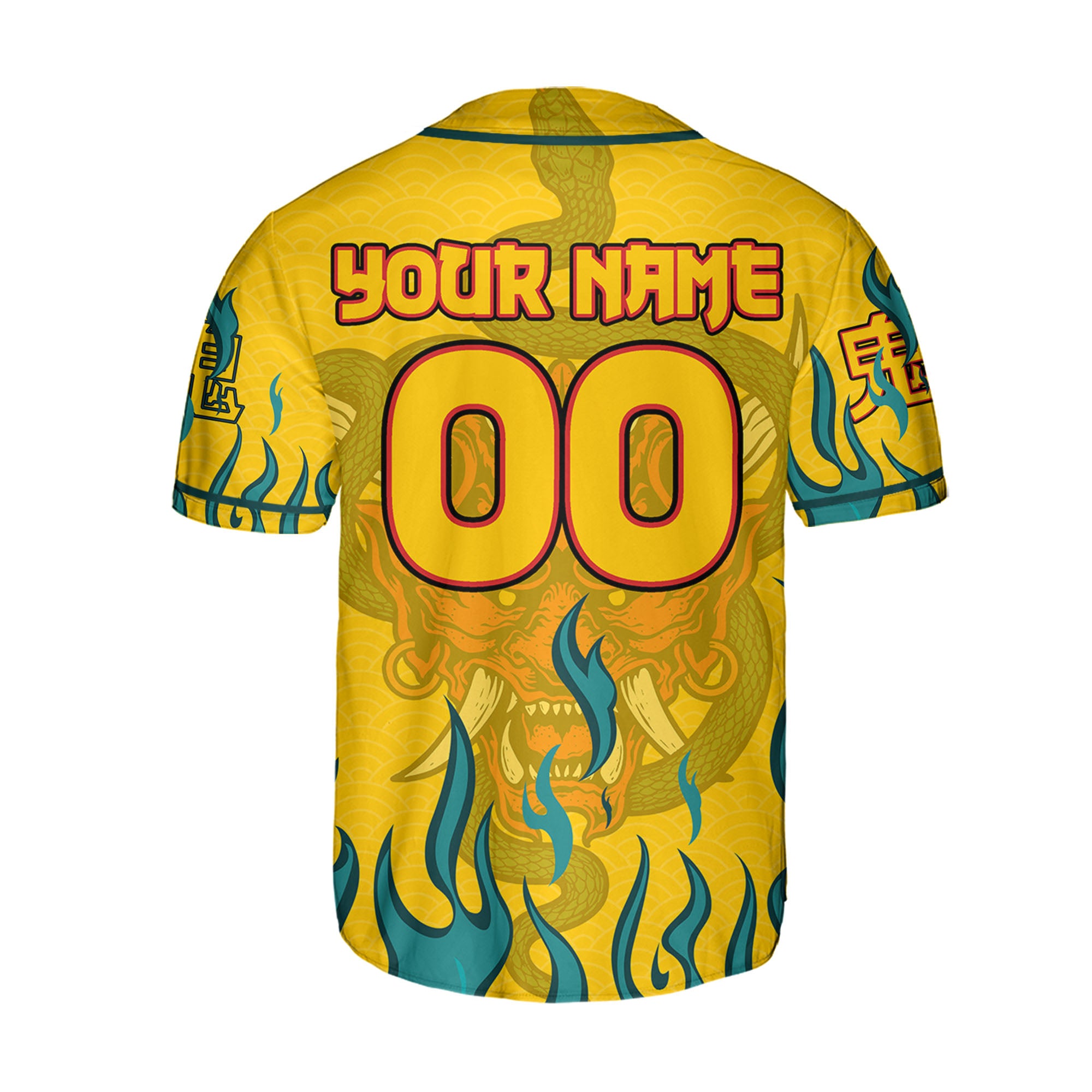 Custom Baseball Team Name And Number Oni Mask With Snake And Fire Yellow Style