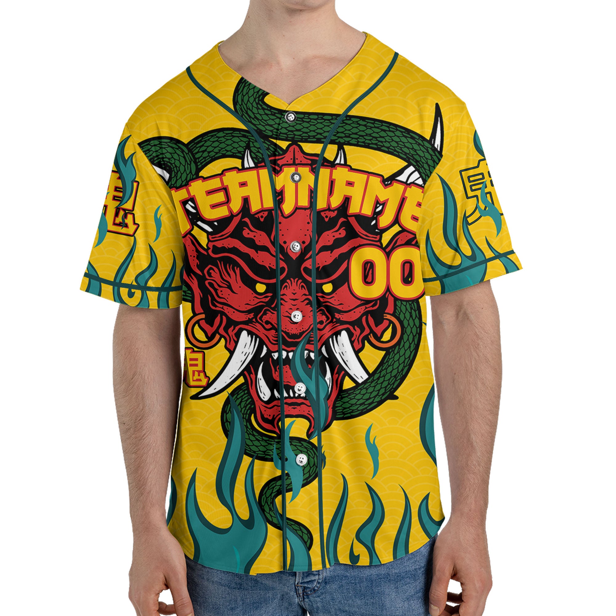 Custom Baseball Team Name And Number Oni Mask With Snake And Fire Yellow Style