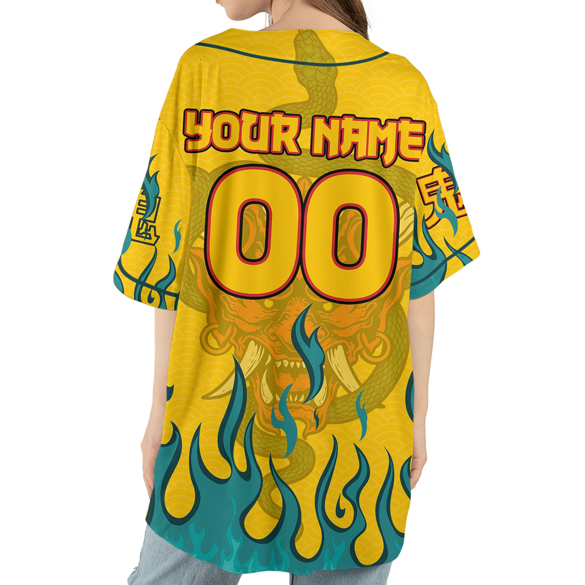 Custom Baseball Team Name And Number Oni Mask With Snake And Fire Yellow Style