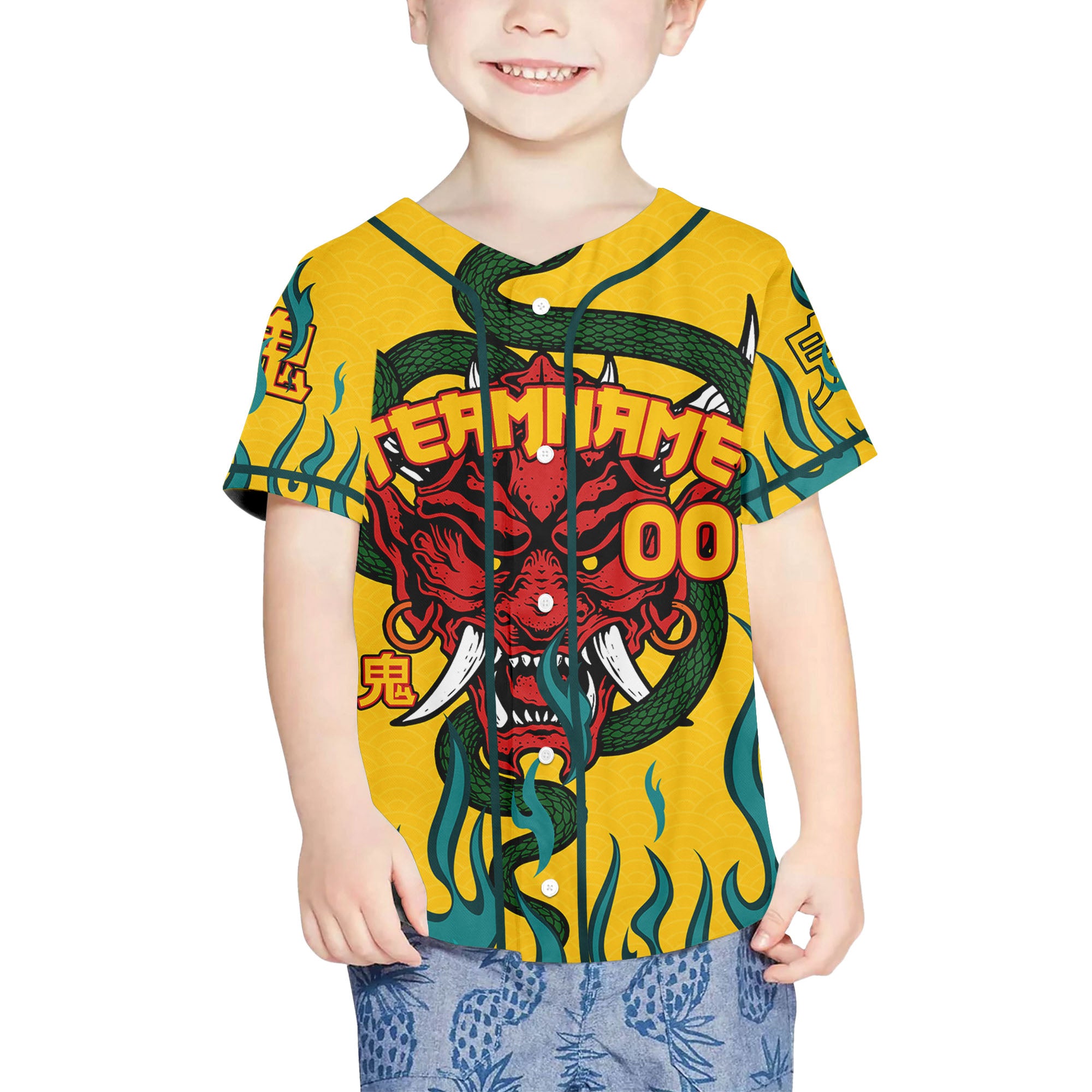Custom Baseball Team Name And Number Oni Mask With Snake And Fire Yellow Style