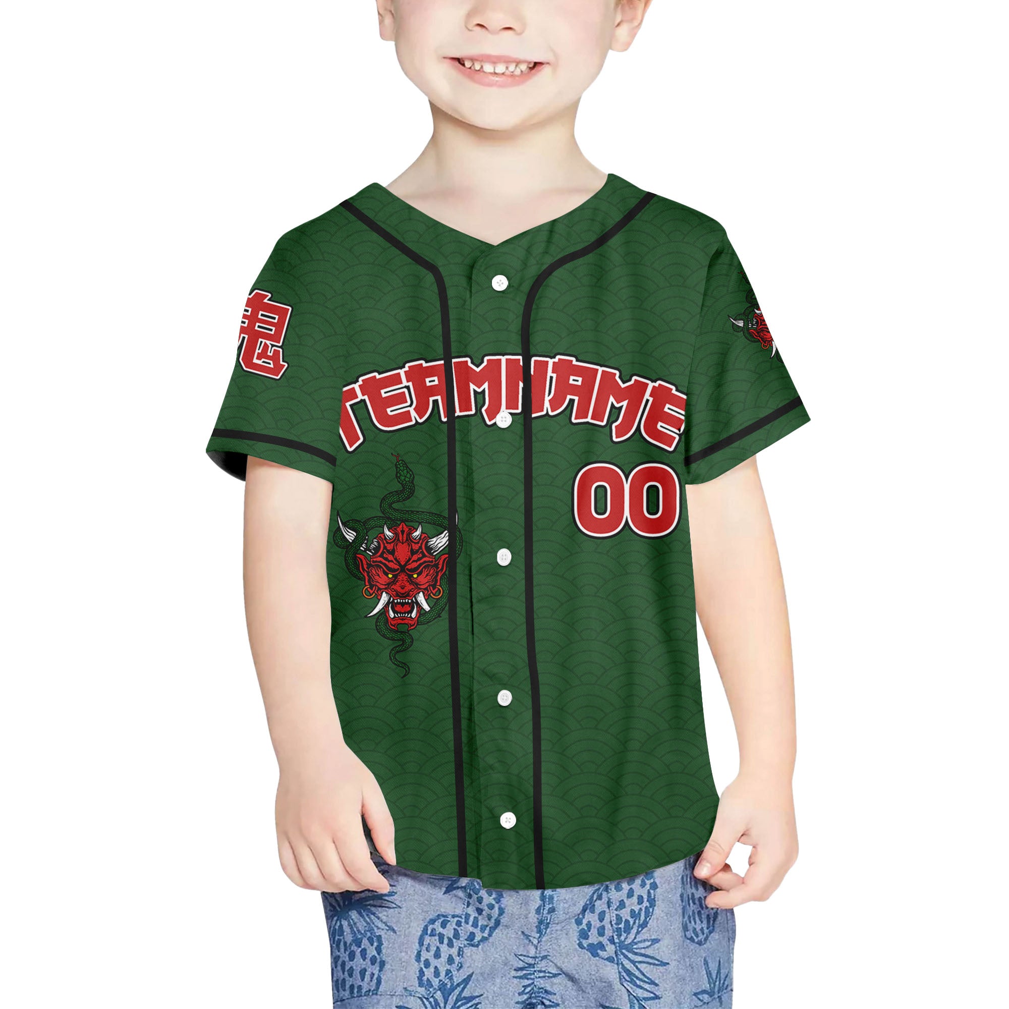 Custom Baseball Team Name Scare Oni Mask And Snake Green