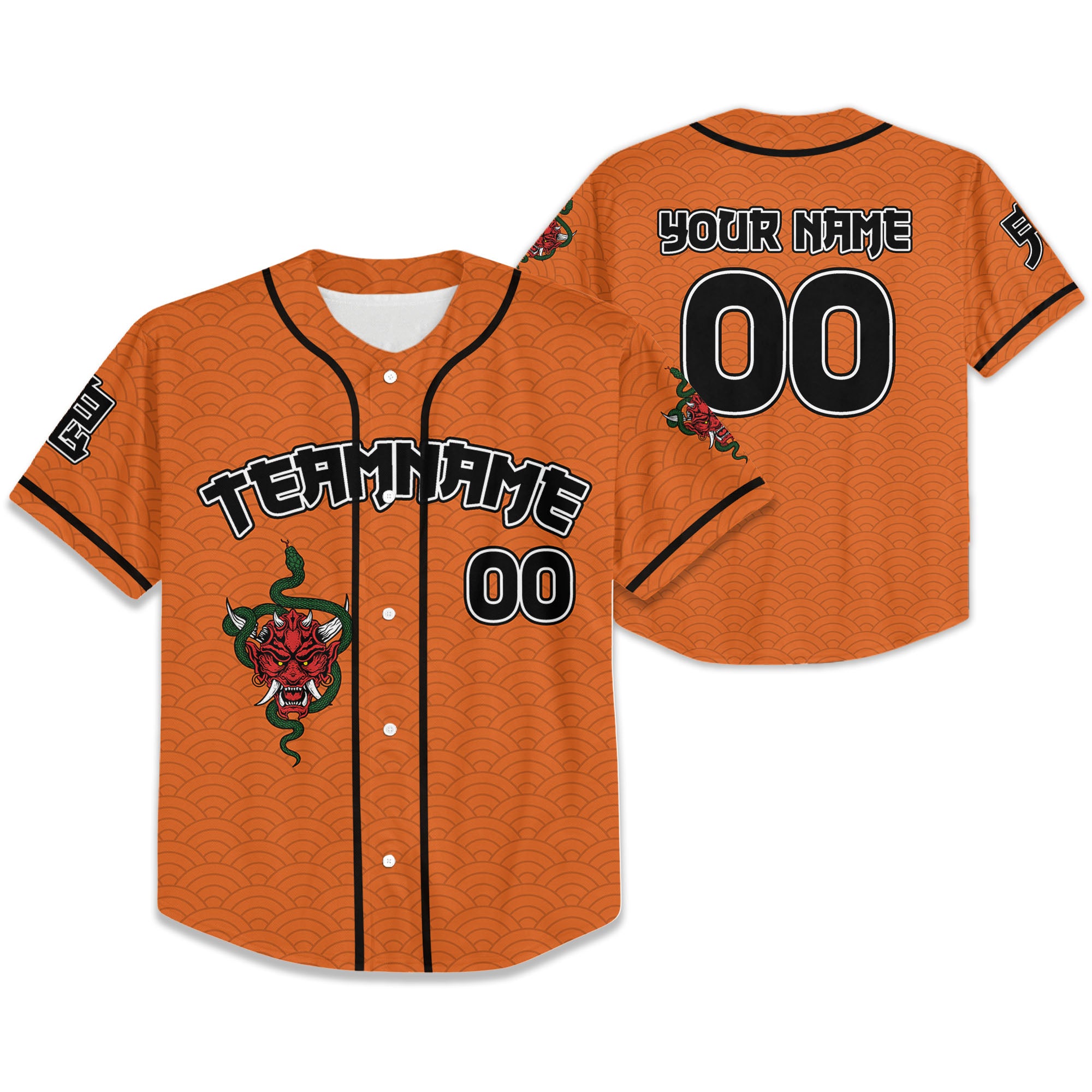 Custom Baseball Team Name Scare Oni Mask And Snake Orange