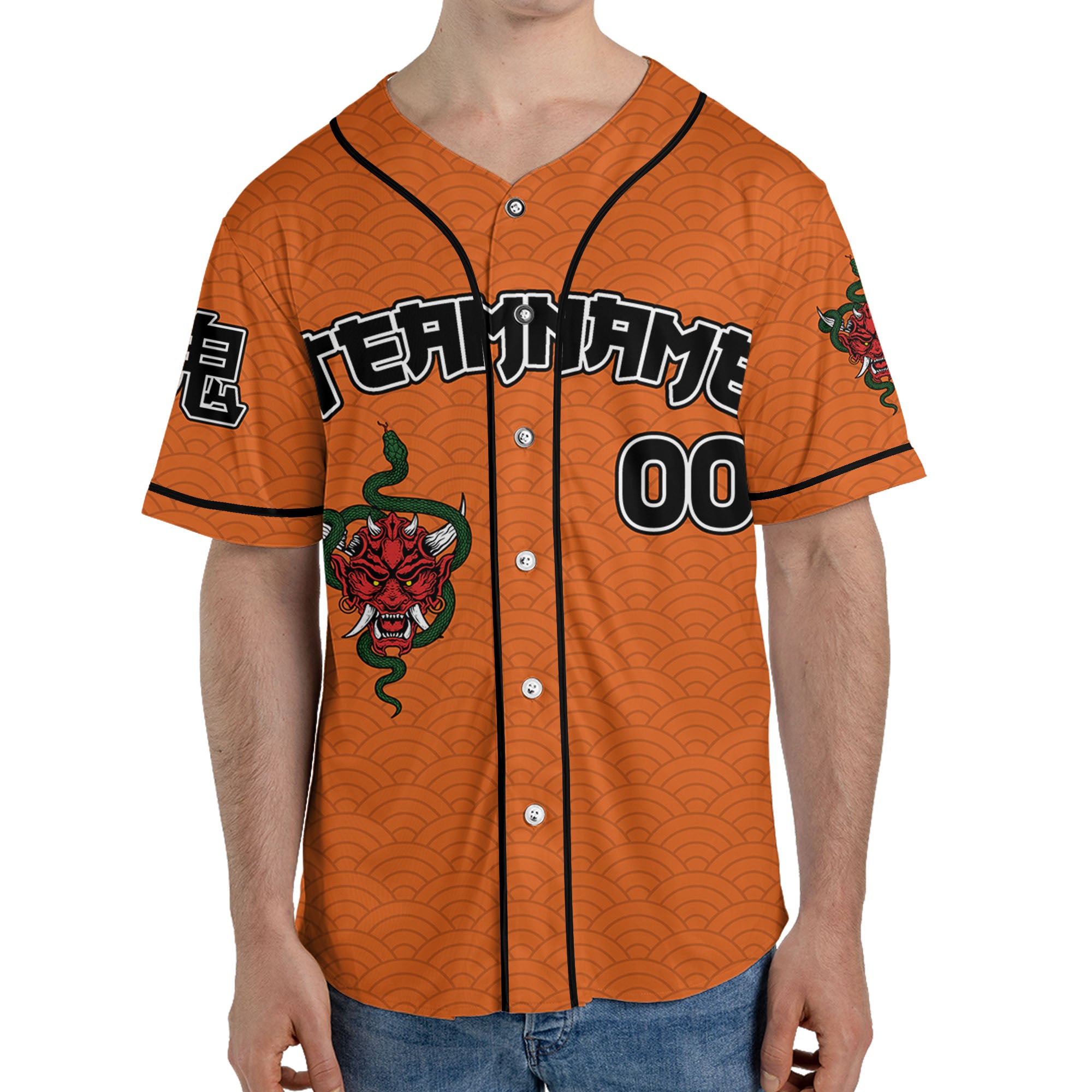 Custom Baseball Team Name Scare Oni Mask And Snake Orange