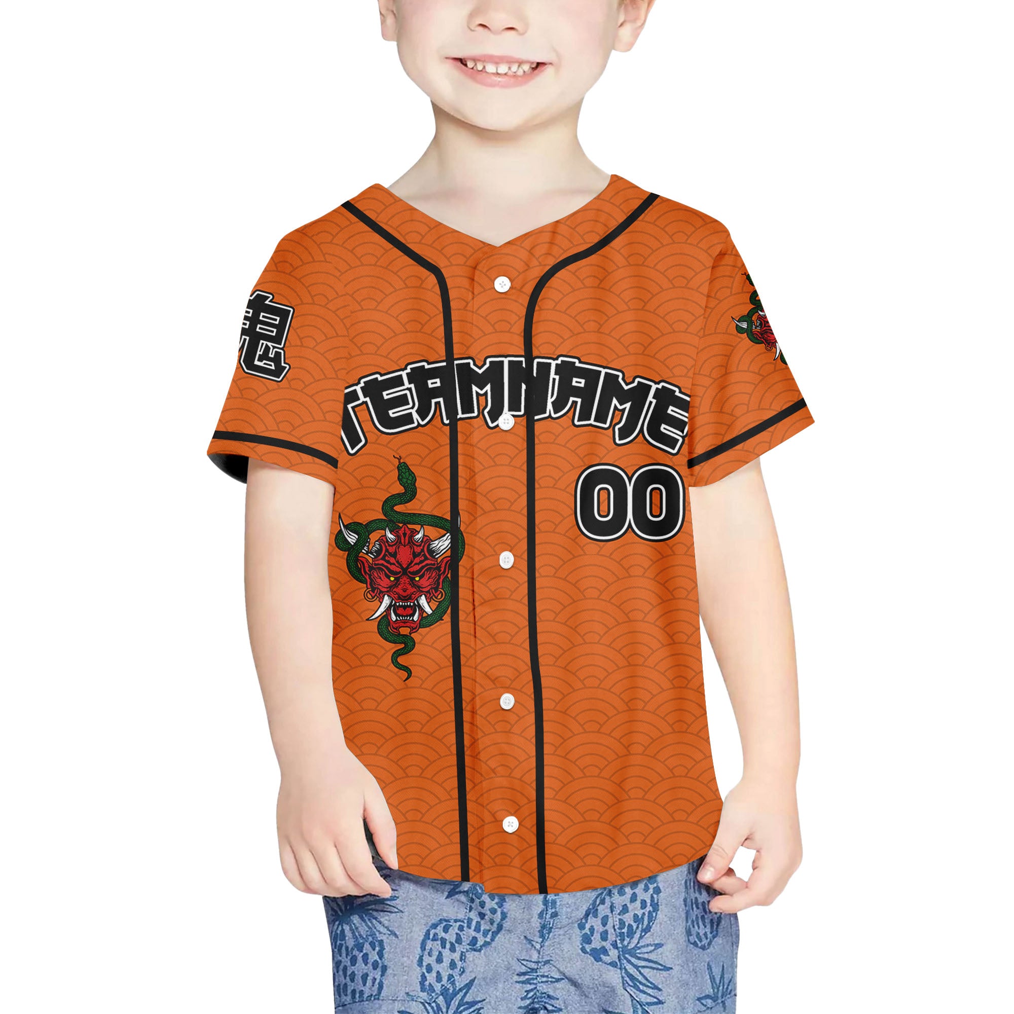 Custom Baseball Team Name Scare Oni Mask And Snake Orange