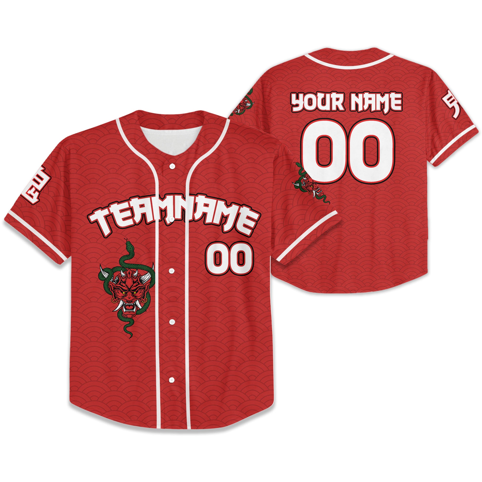 Custom Baseball Team Name Scare Oni Mask And Snake Red