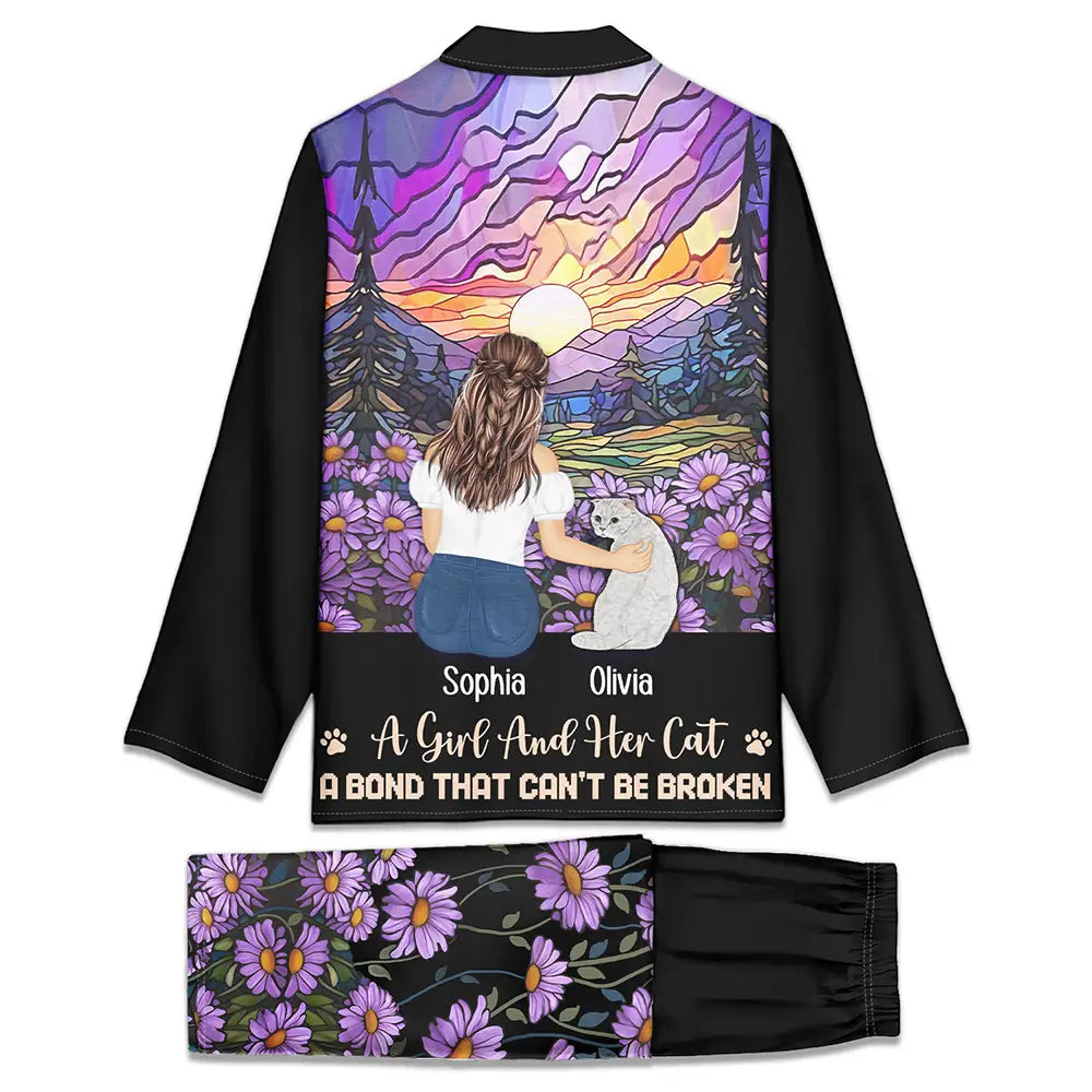 Flower Field A Girl And Her Dog And Cat - Personalized Long Pajamas Set