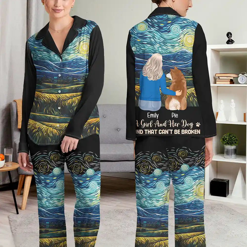Flower Field A Girl And Her Dog And Cat - Personalized Long Pajamas Set